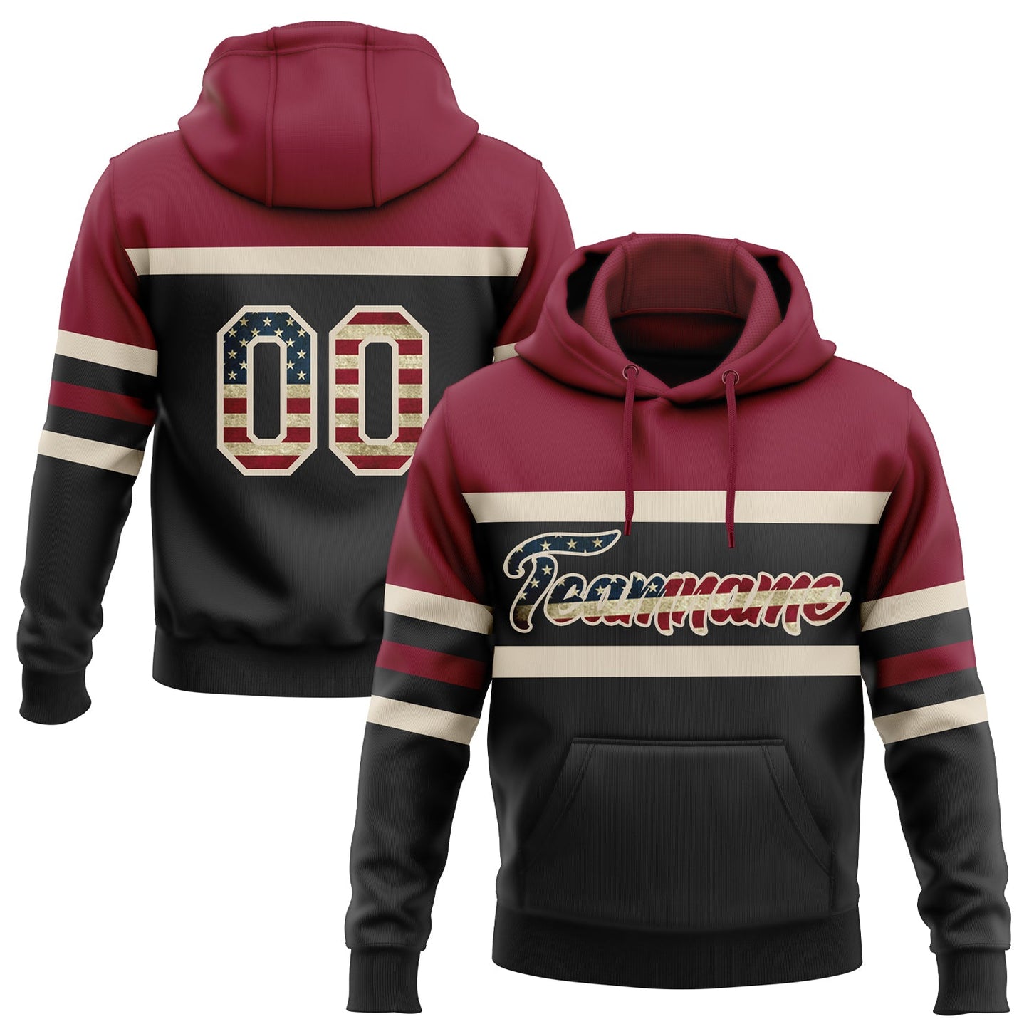 Custom Stitched Black Vintage USA Flag Cream-Crimson Line Sports Pullover Sweatshirt Hoodie - Main View