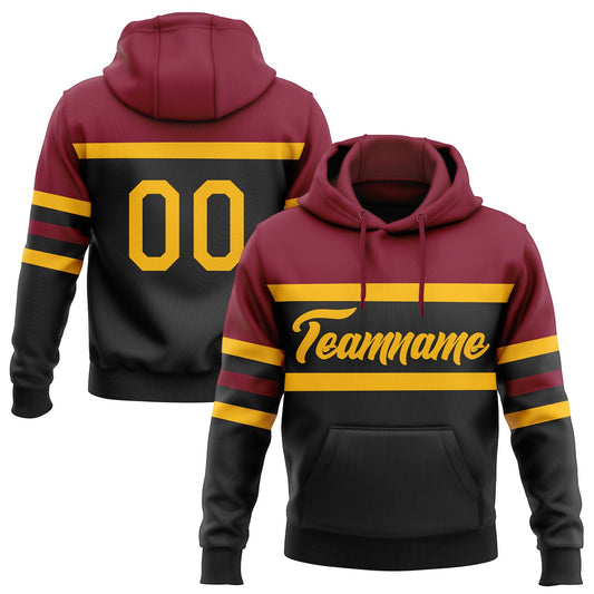 Custom Stitched Black Gold-Crimson Line Sports Pullover Sweatshirt Hoodie - Main View