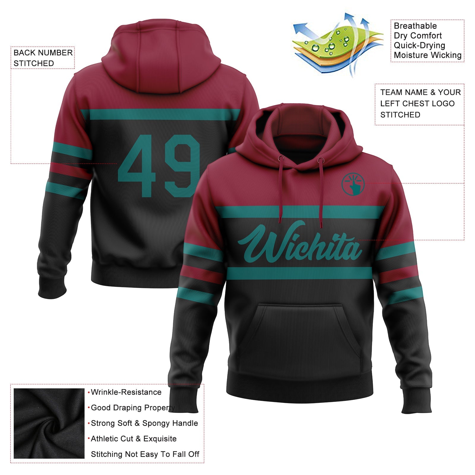 Custom Stitched Black Teal-Crimson Line Sports Pullover Sweatshirt Hoodie view 2