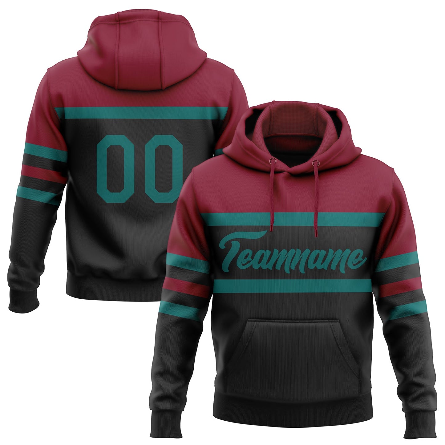 Custom Stitched Black Teal-Crimson Line Sports Pullover Sweatshirt Hoodie - Main View