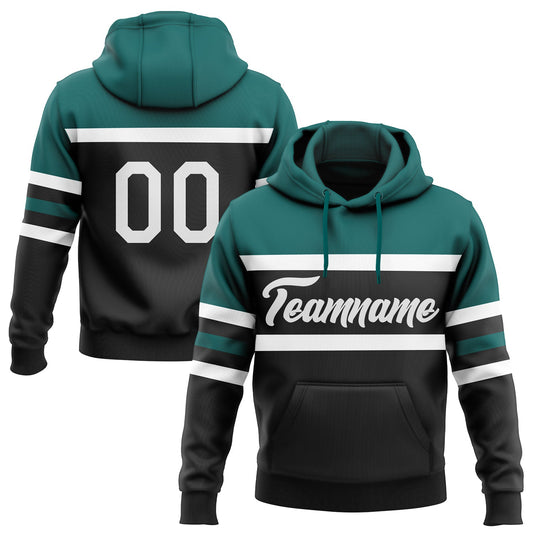 Custom Stitched Black White-Teal Line Sports Pullover Sweatshirt Hoodie - Main View