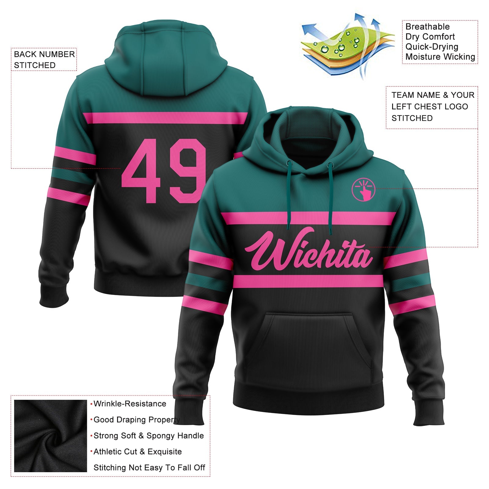 Custom Stitched Black Pink-Teal Line Sports Pullover Sweatshirt Hoodie view 2
