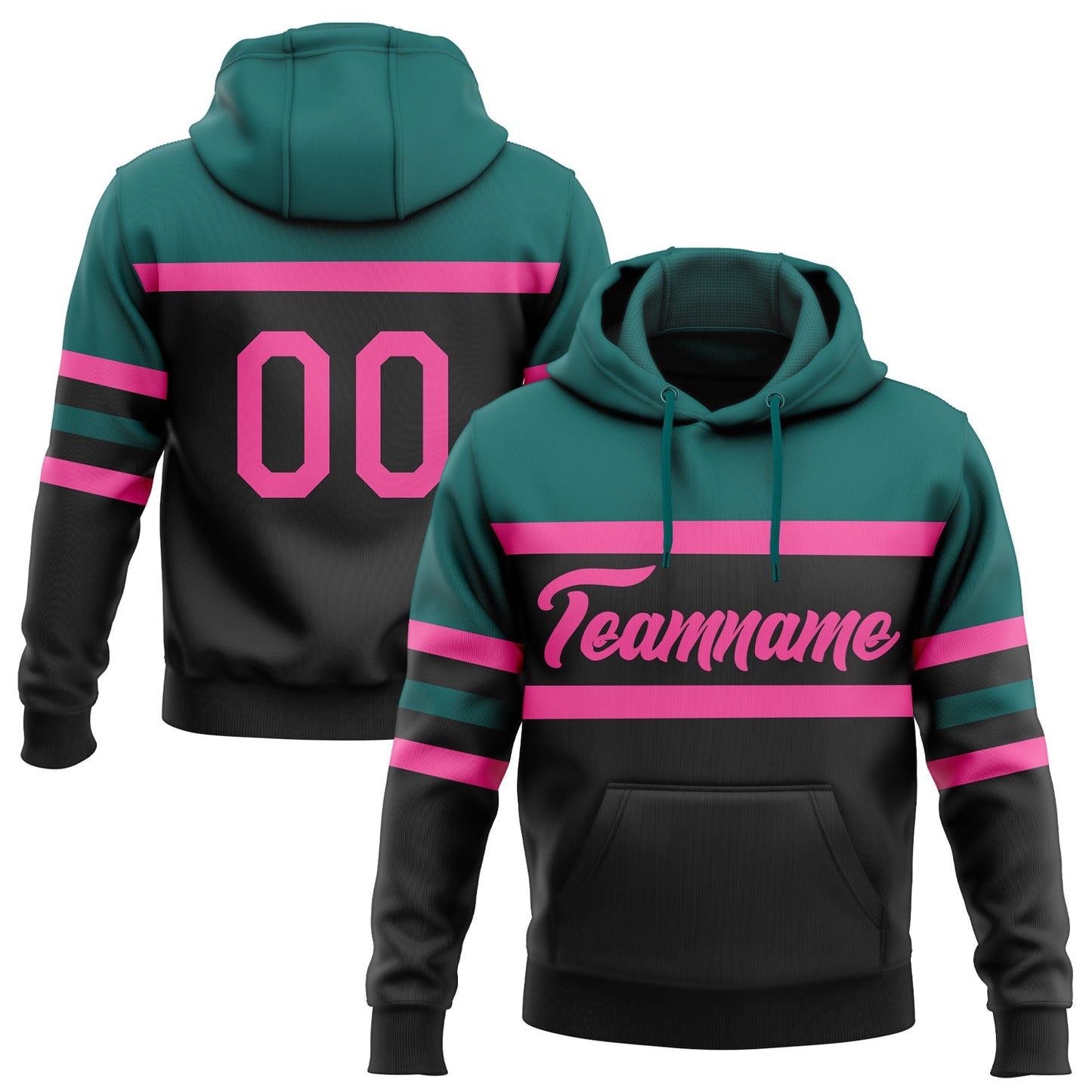 Custom Stitched Black Pink-Teal Line Sports Pullover Sweatshirt Hoodie - Main View