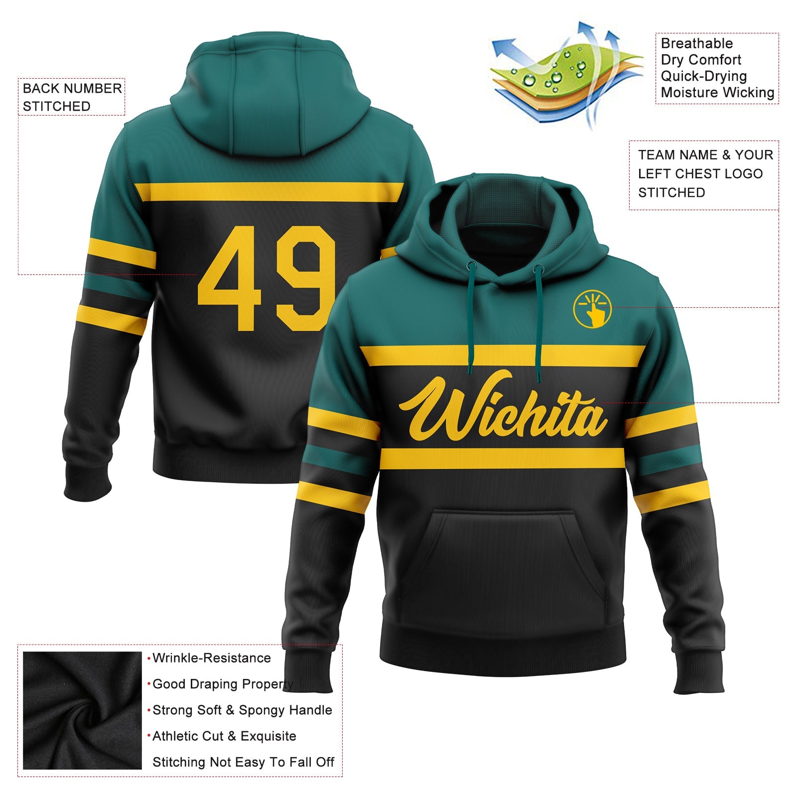 Custom Stitched Black Yellow-Teal Line Sports Pullover Sweatshirt Hoodie view 2
