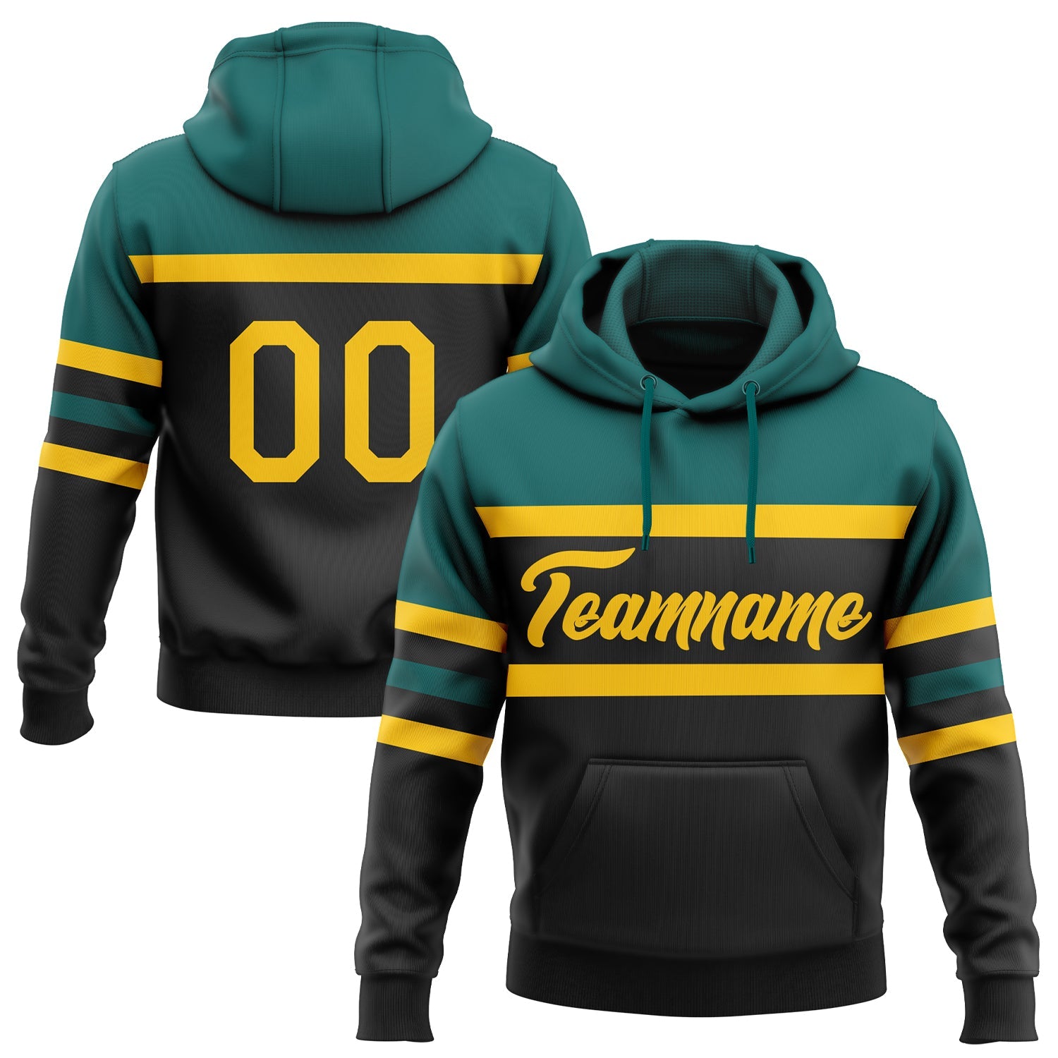 Custom Stitched Black Yellow-Teal Line Sports Pullover Sweatshirt Hoodie - Main View