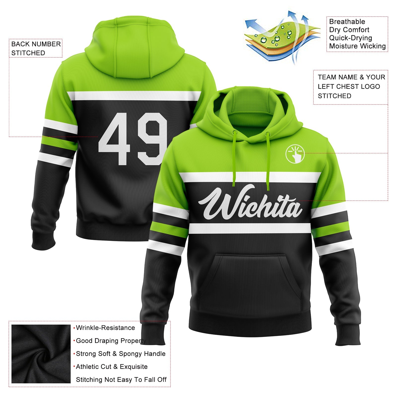 Custom Stitched Black White-Neon Green Line Sports Pullover Sweatshirt Hoodie view 2