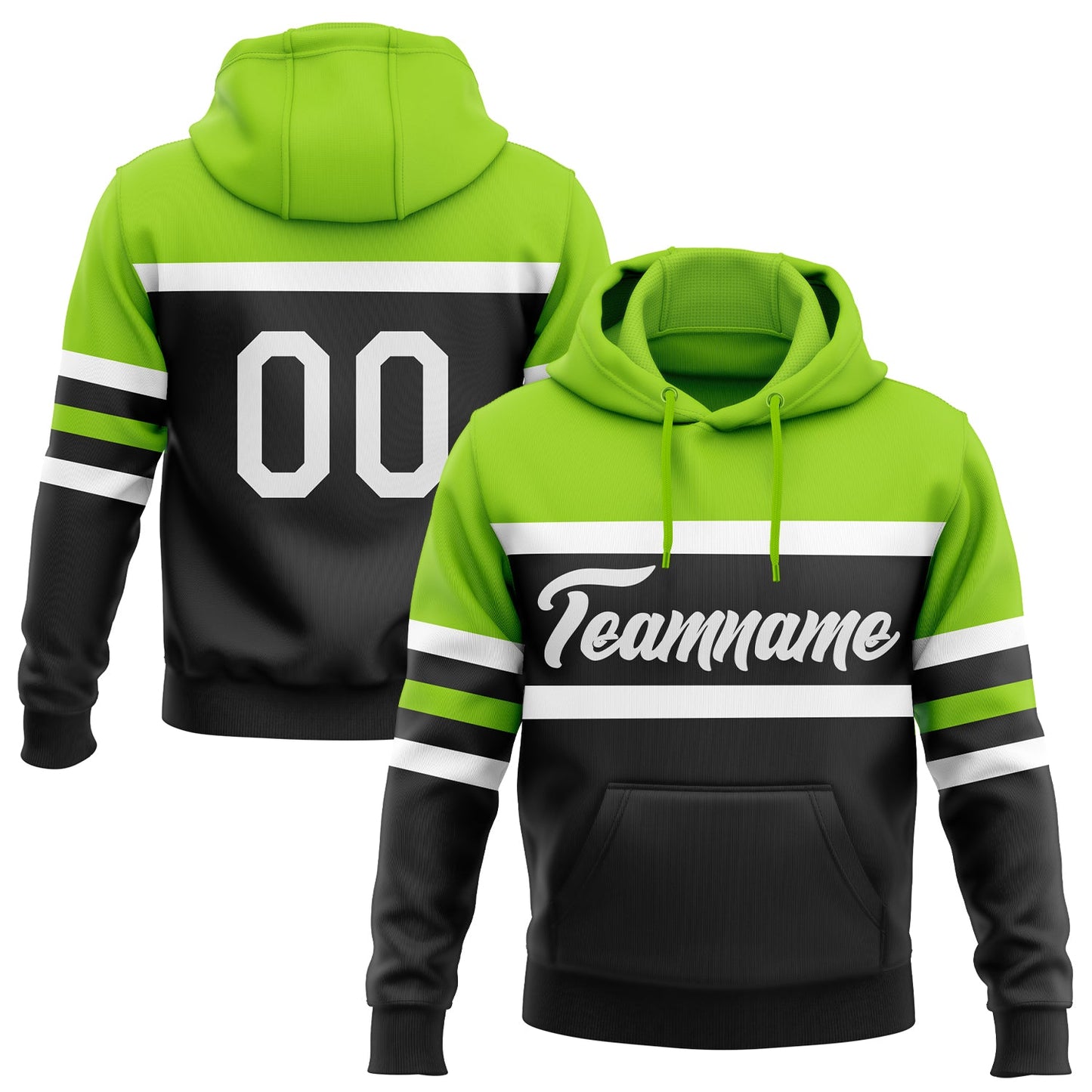 Custom Stitched Black White-Neon Green Line Sports Pullover Sweatshirt Hoodie - Main View