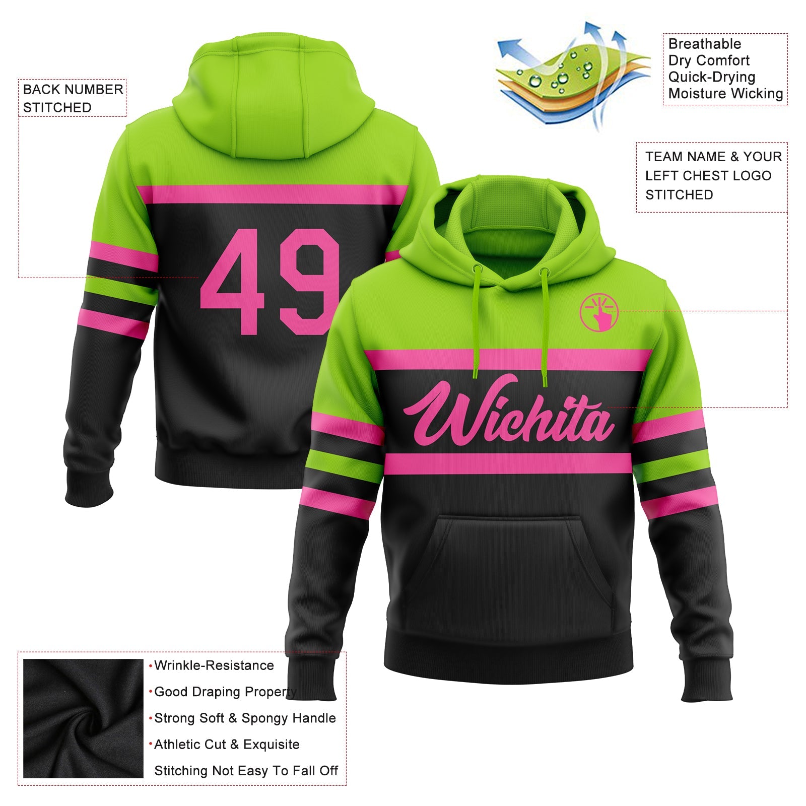 Custom Stitched Black Pink-Neon Green Line Sports Pullover Sweatshirt Hoodie view 2