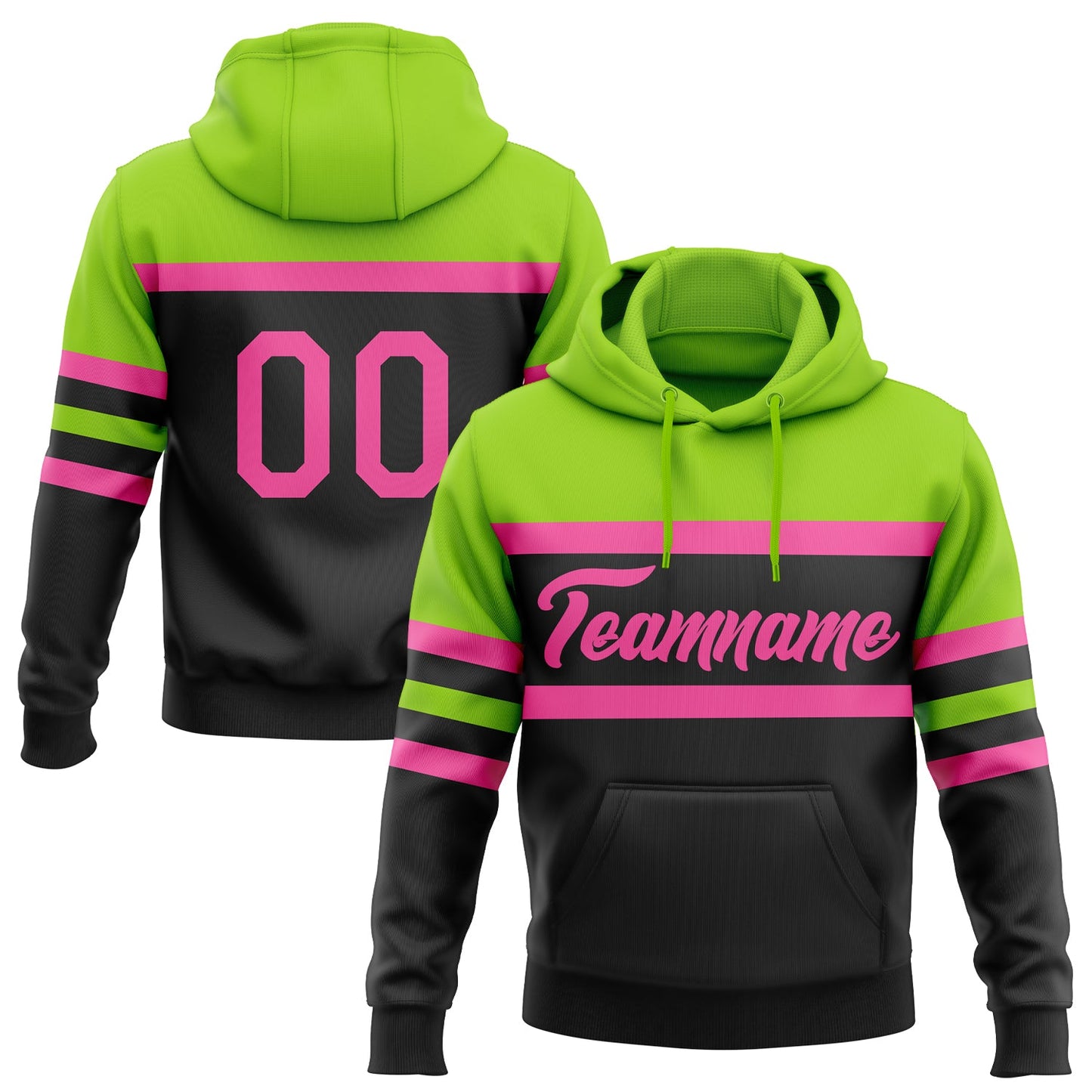 Custom Stitched Black Pink-Neon Green Line Sports Pullover Sweatshirt Hoodie - Main View