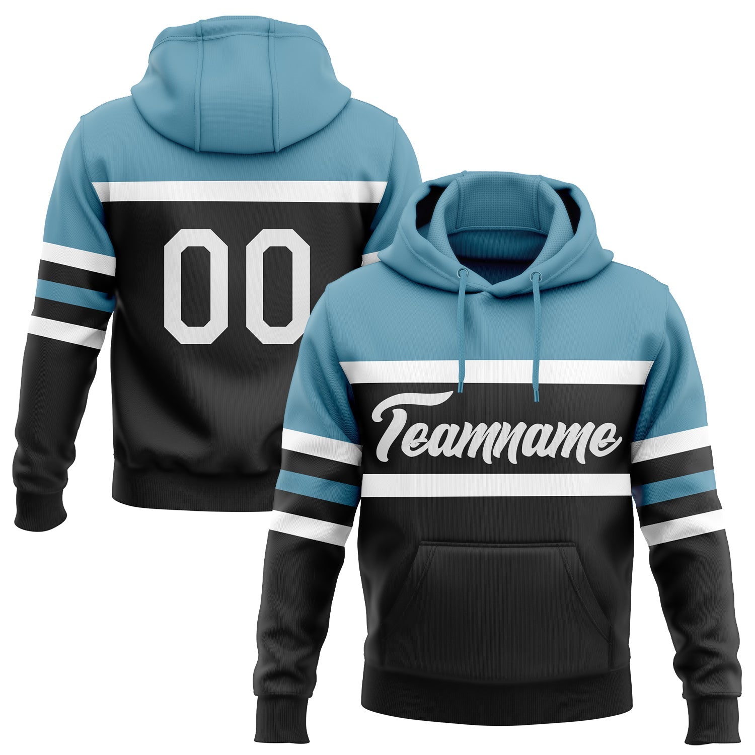 Custom Stitched Black White-Shadow Blue Line Sports Pullover Sweatshirt Hoodie - Main View