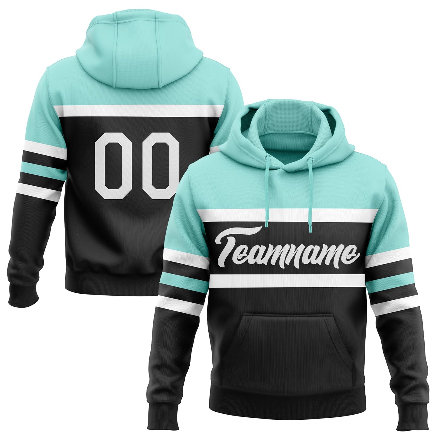 Custom Stitched Black White-Ice Blue Line Sports Pullover Sweatshirt Hoodie - Main View