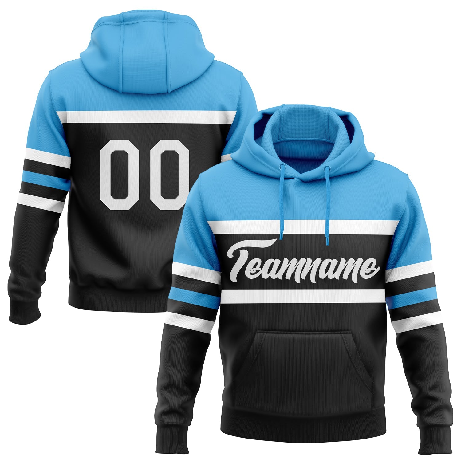 Custom Stitched Black White-Sky Blue Line Sports Pullover Sweatshirt Hoodie - Main View