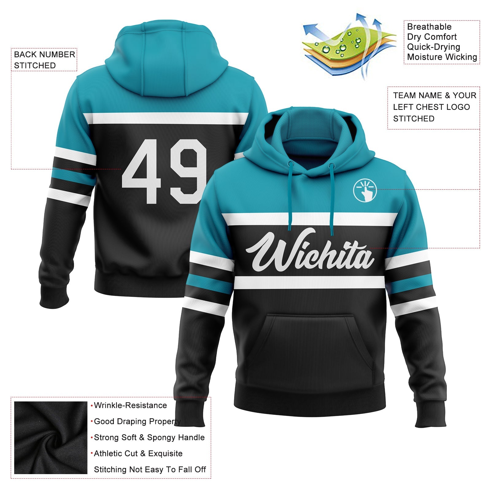 Custom Stitched Black White-Teal Line Sports Pullover Sweatshirt Hoodie view 2