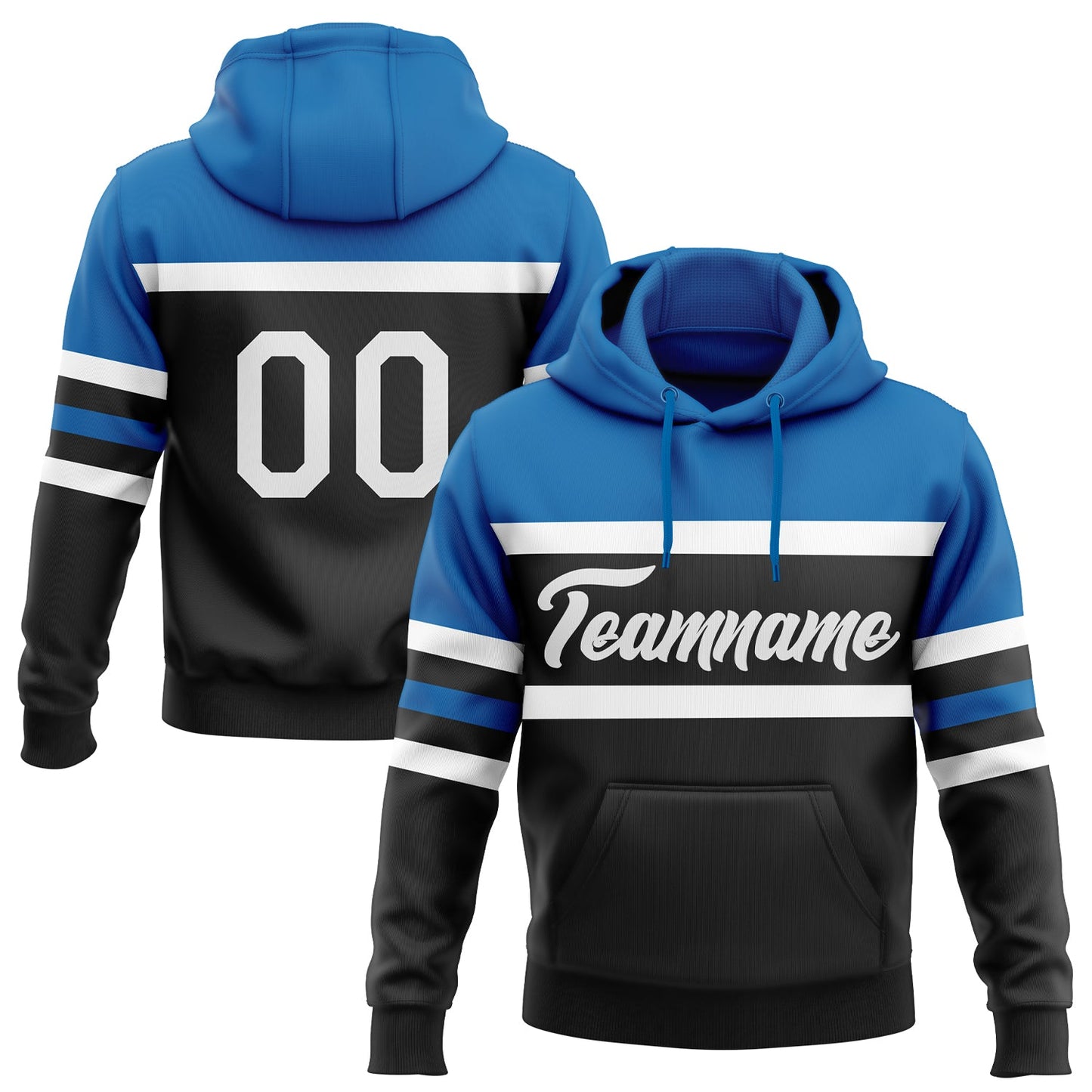 Custom Stitched Black White-Blue Line Sports Pullover Sweatshirt Hoodie - Main View