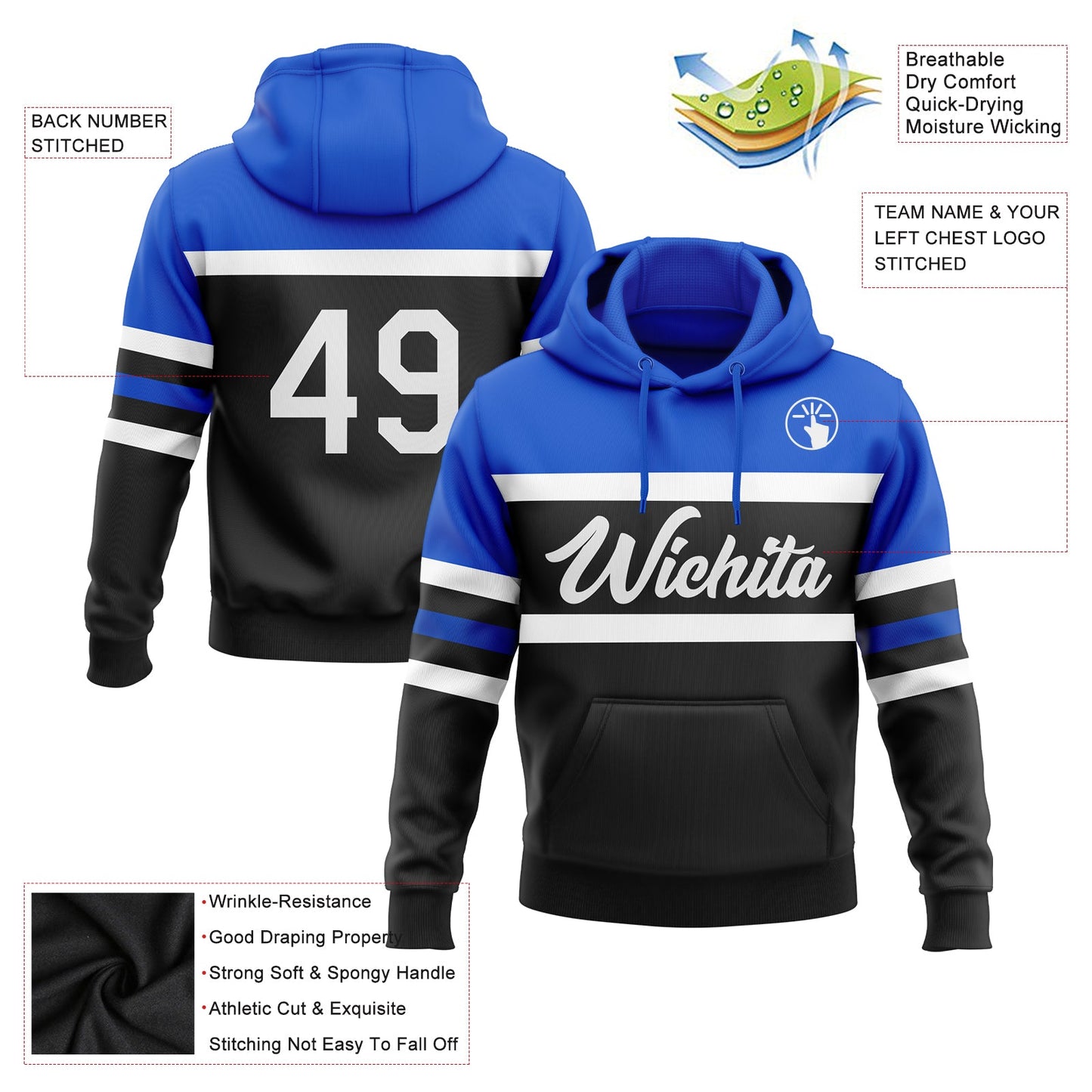 Custom Stitched Black White-Thunder Blue Line Sports Pullover Sweatshirt Hoodie view 2
