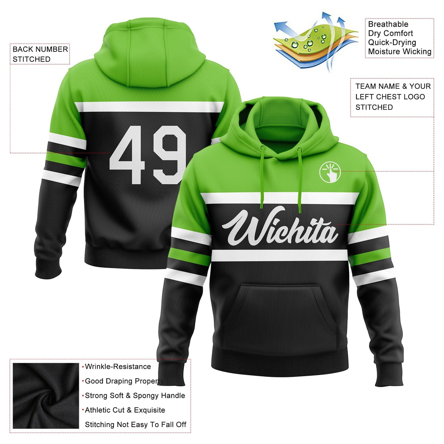 Custom Stitched Black White-Aurora Green Line Sports Pullover Sweatshirt Hoodie view 2