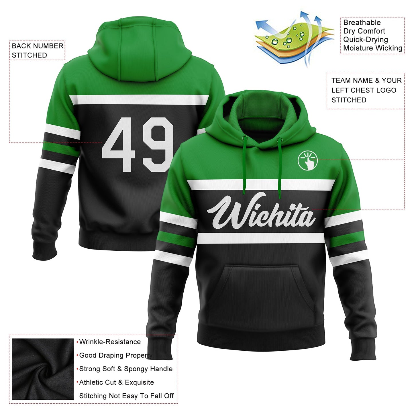 Custom Stitched Black White-Grass Green Line Sports Pullover Sweatshirt Hoodie view 2