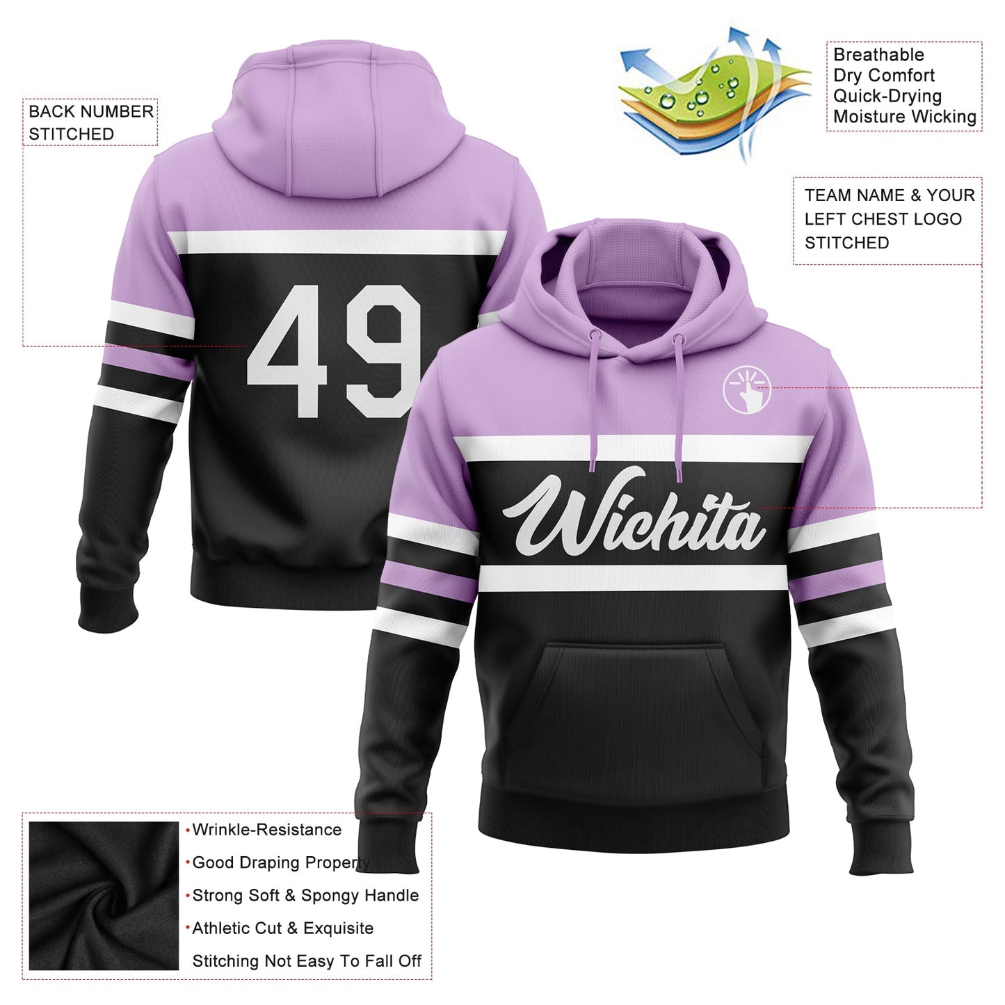Custom Stitched Black White-Light Purple Line Sports Pullover Sweatshirt Hoodie view 2