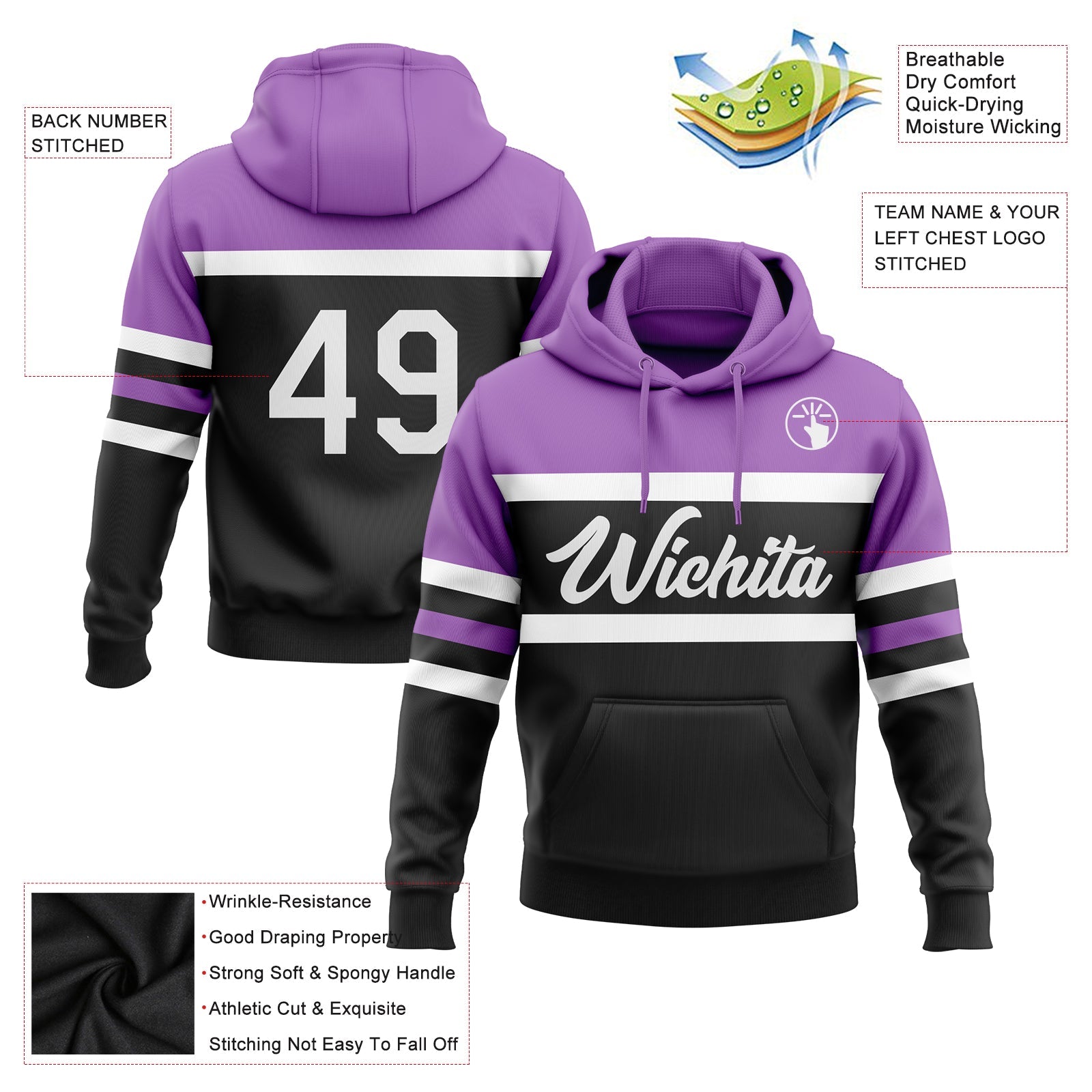 Custom Stitched Black White-Medium Purple Line Sports Pullover Sweatshirt Hoodie view 2