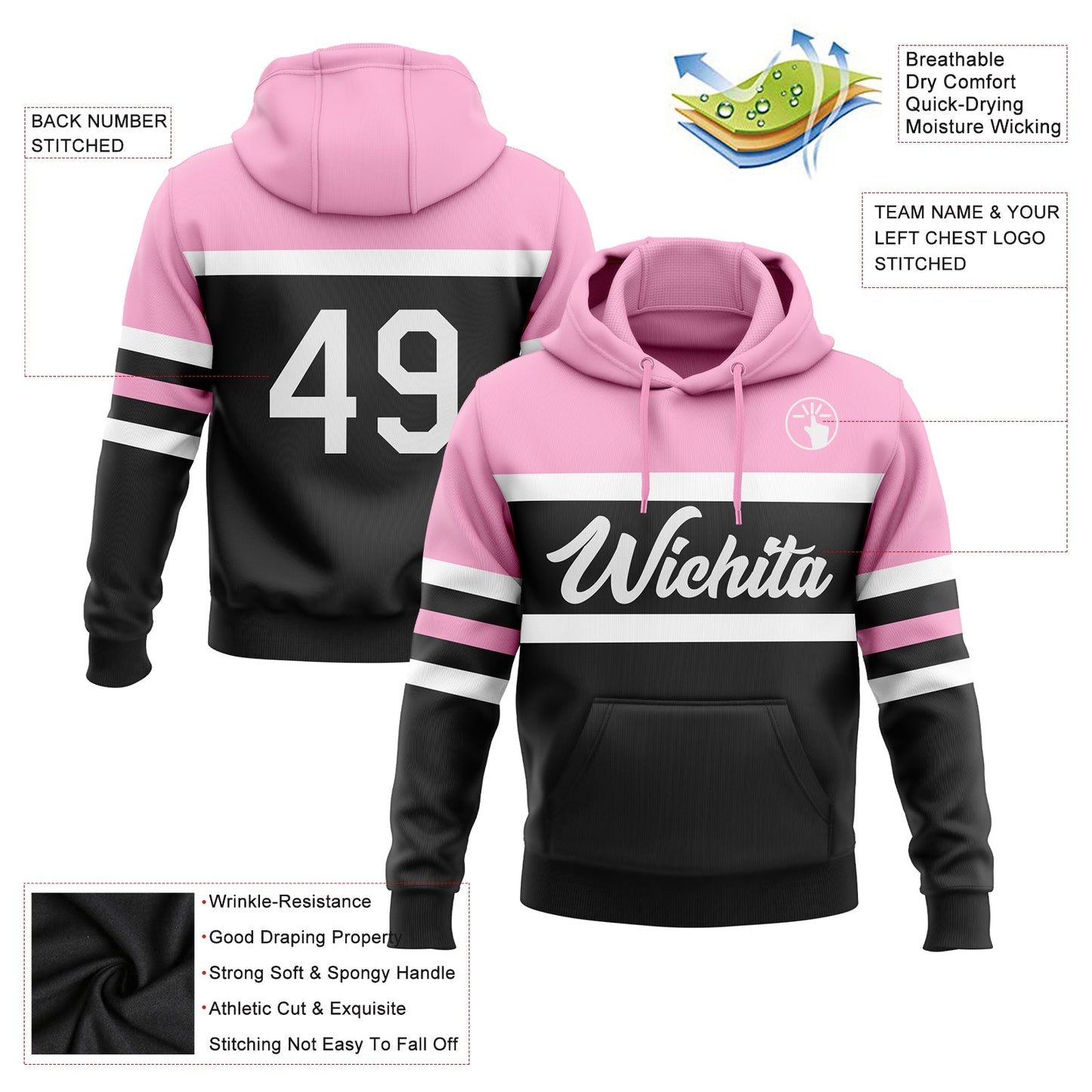 Custom Stitched Black White-Light Pink Line Sports Pullover Sweatshirt Hoodie view 2