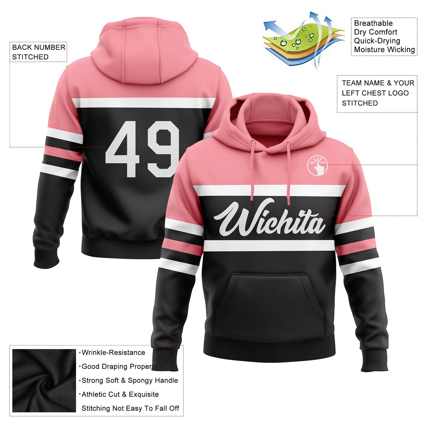 Custom Stitched Black White-Medium Pink Line Sports Pullover Sweatshirt Hoodie view 2