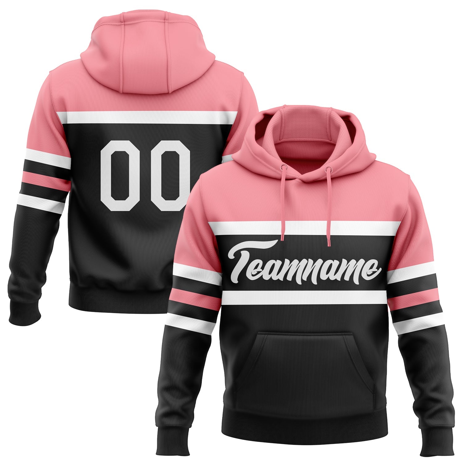 Custom Stitched Black White-Medium Pink Line Sports Pullover Sweatshirt Hoodie - Main View