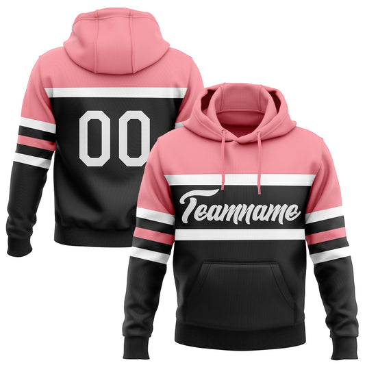 Custom Stitched Black White-Medium Pink Line Sports Pullover Sweatshirt Hoodie - Main View