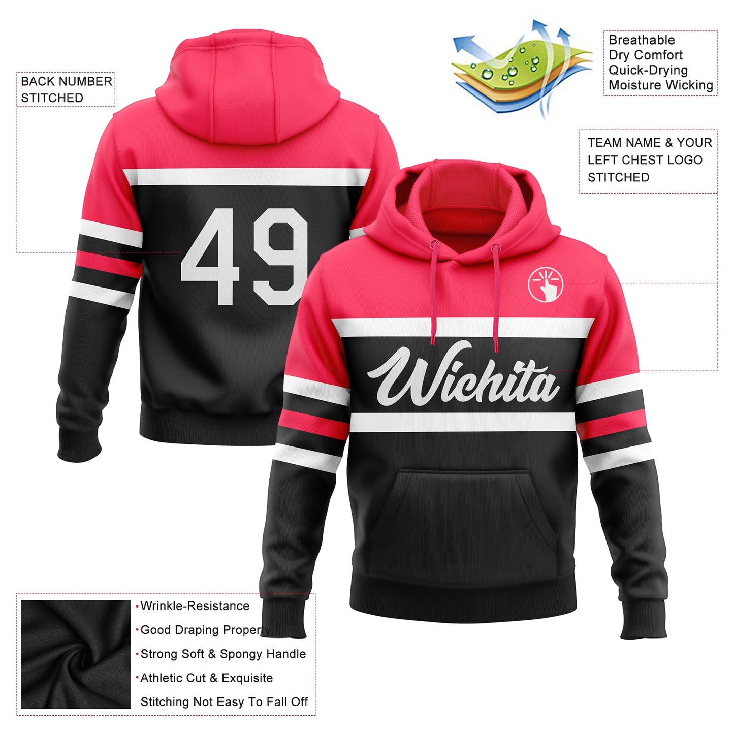 Custom Stitched Black White-Neon Pink Line Sports Pullover Sweatshirt Hoodie view 2