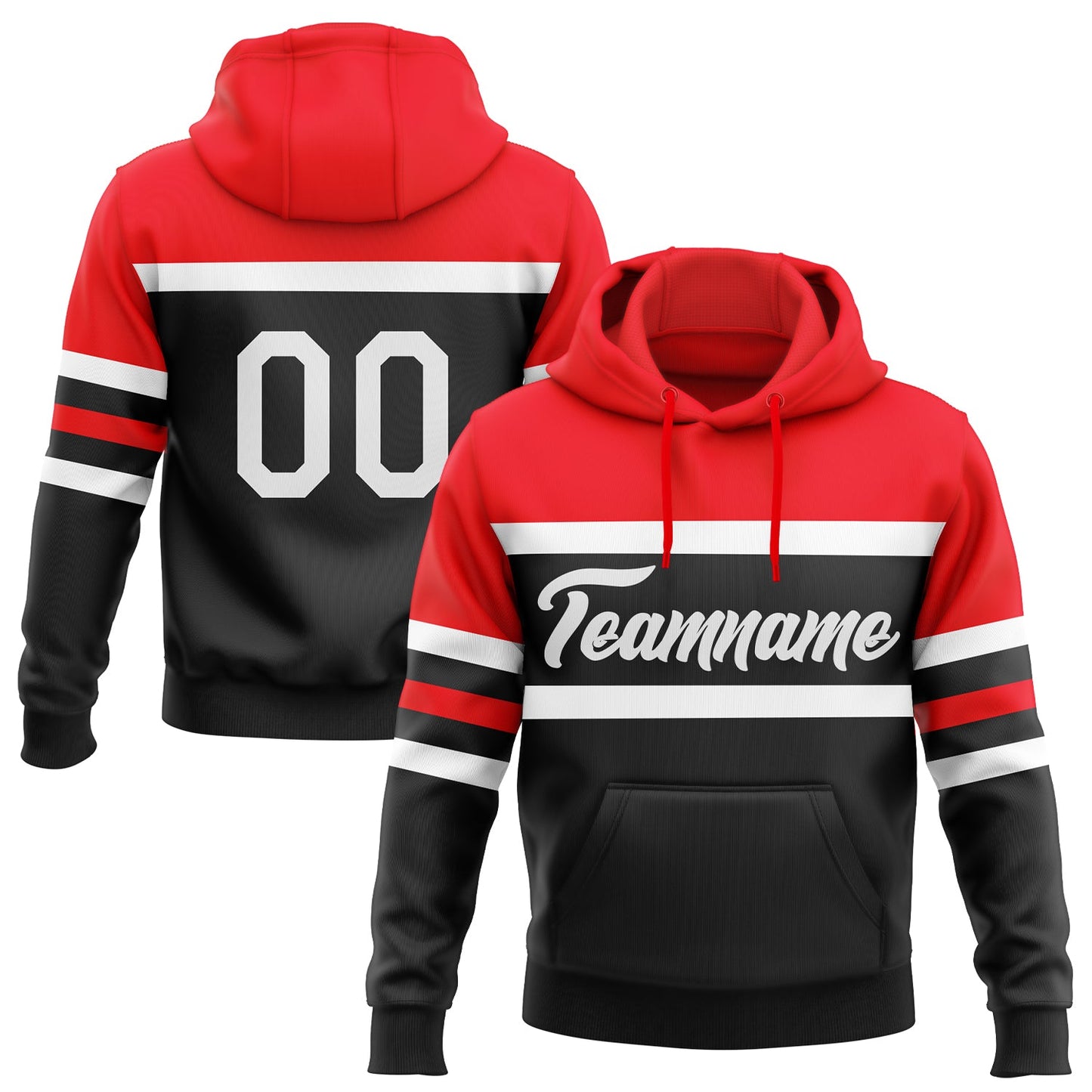 Custom Stitched Black White-Fire Red Line Sports Pullover Sweatshirt Hoodie - Main View