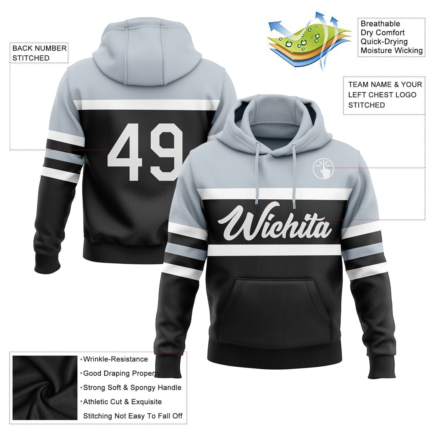 Custom Stitched Black White-Silver Line Sports Pullover Sweatshirt Hoodie view 2