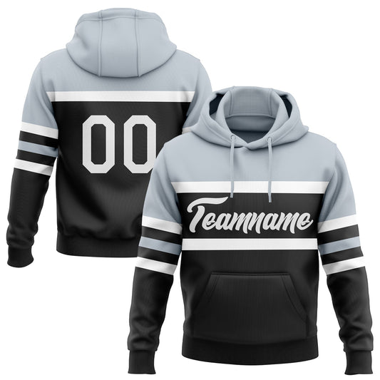 Custom Stitched Black White-Silver Line Sports Pullover Sweatshirt Hoodie - Main View