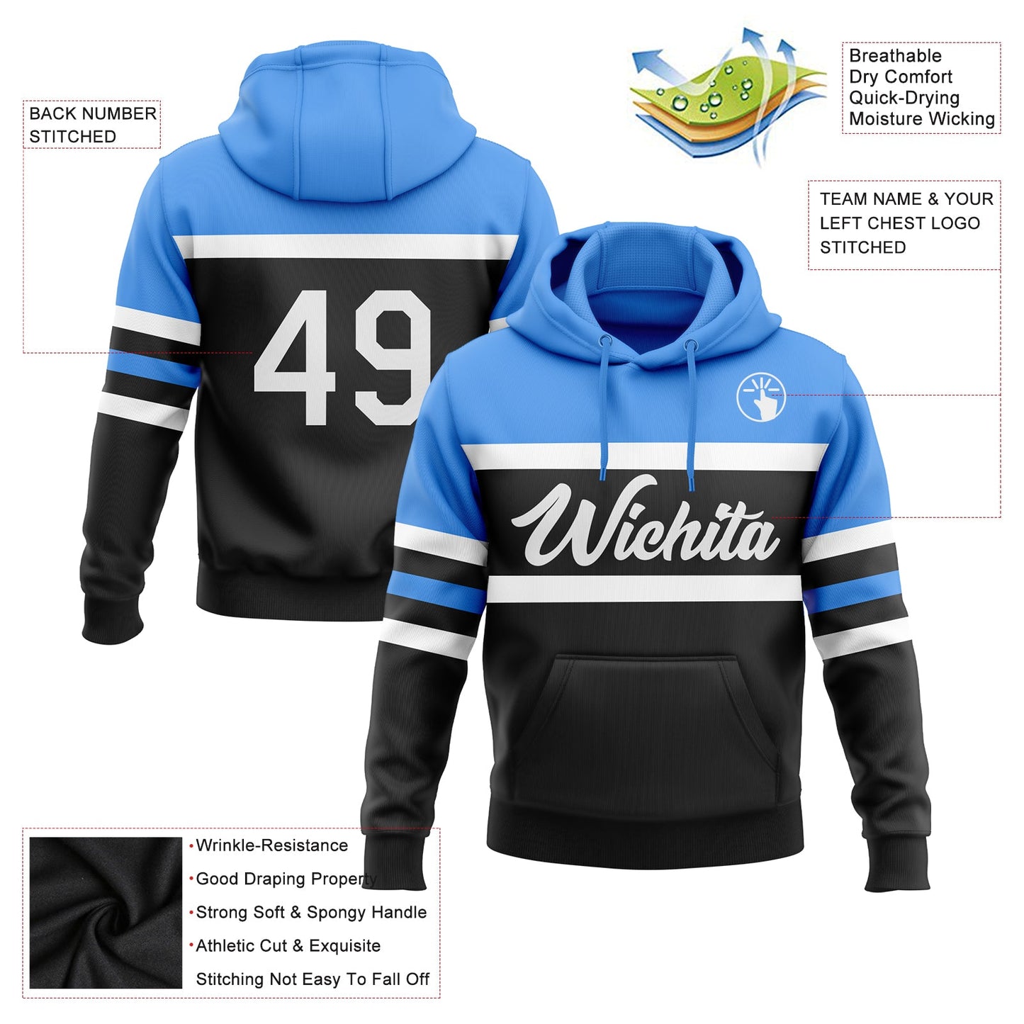 Custom Stitched Black White-Powder Blue Line Sports Pullover Sweatshirt Hoodie view 2