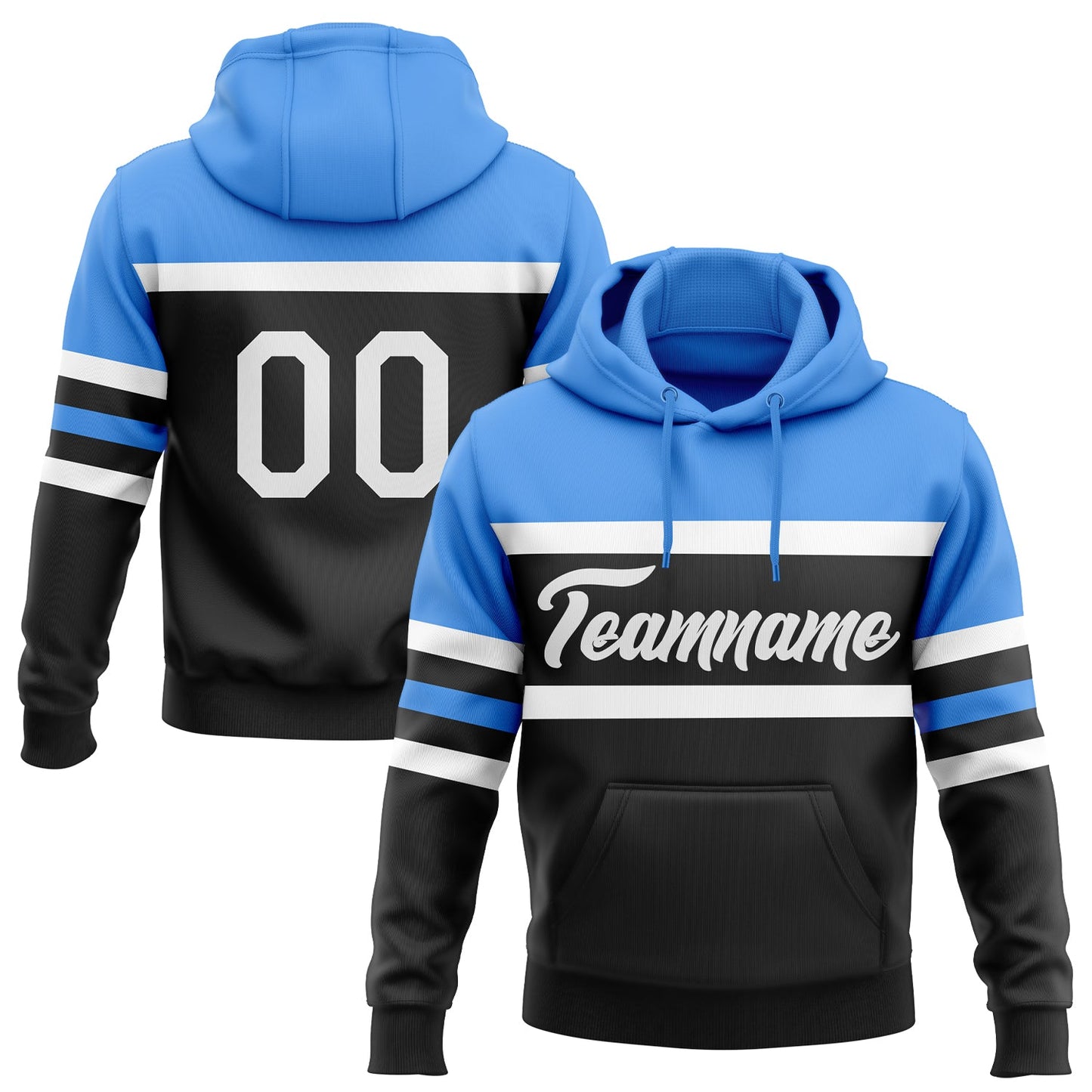 Custom Stitched Black White-Powder Blue Line Sports Pullover Sweatshirt Hoodie - Main View