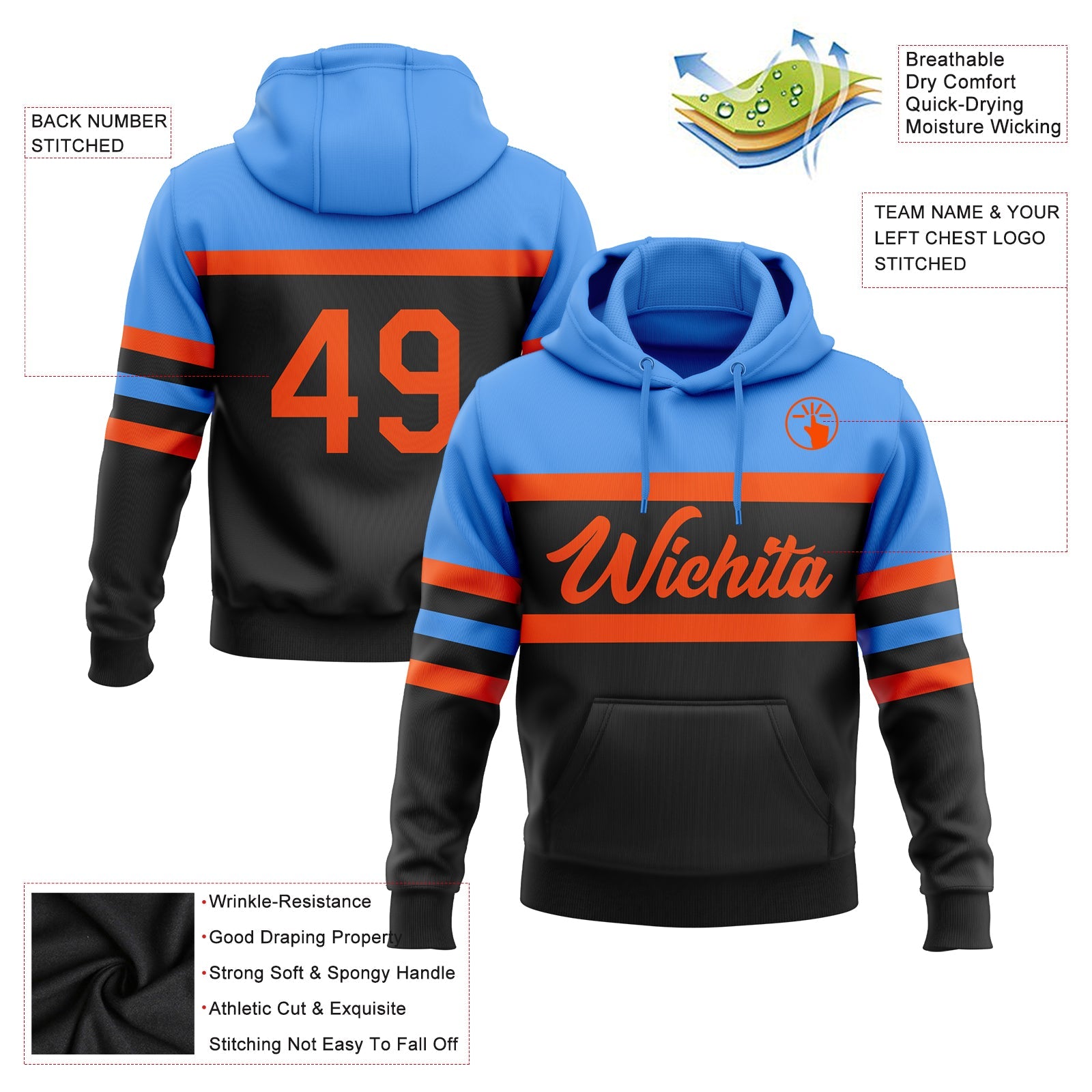 Custom Stitched Black Orange-Powder Blue Line Sports Pullover Sweatshirt Hoodie view 2