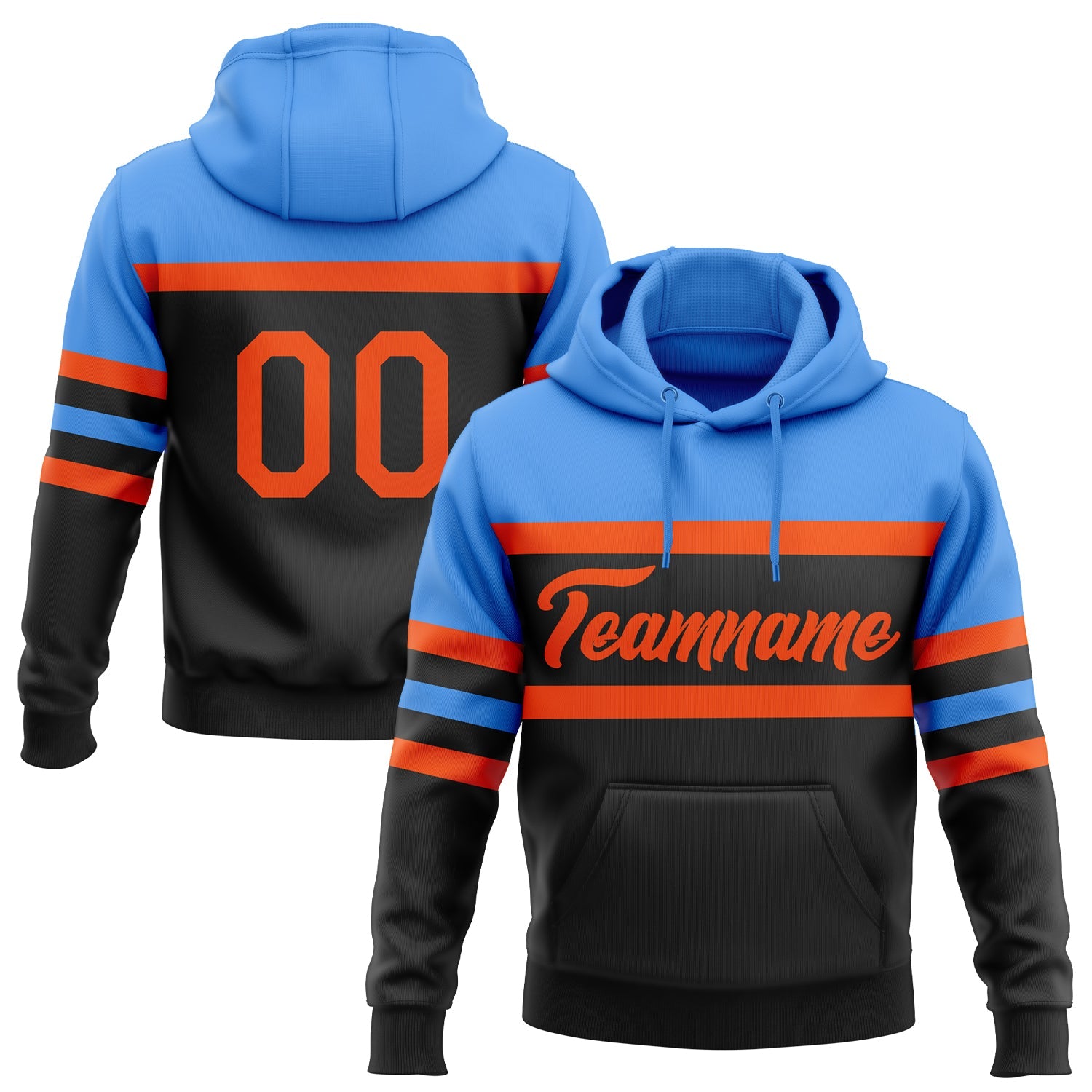 Custom Stitched Black Orange-Powder Blue Line Sports Pullover Sweatshirt Hoodie - Main View