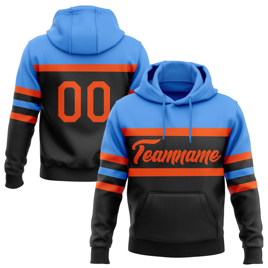 Custom Stitched Black Orange-Powder Blue Line Sports Pullover Sweatshirt Hoodie - Main View