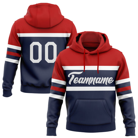 Custom Stitched Navy White-Red Line Sports Pullover Sweatshirt Hoodie - Main View