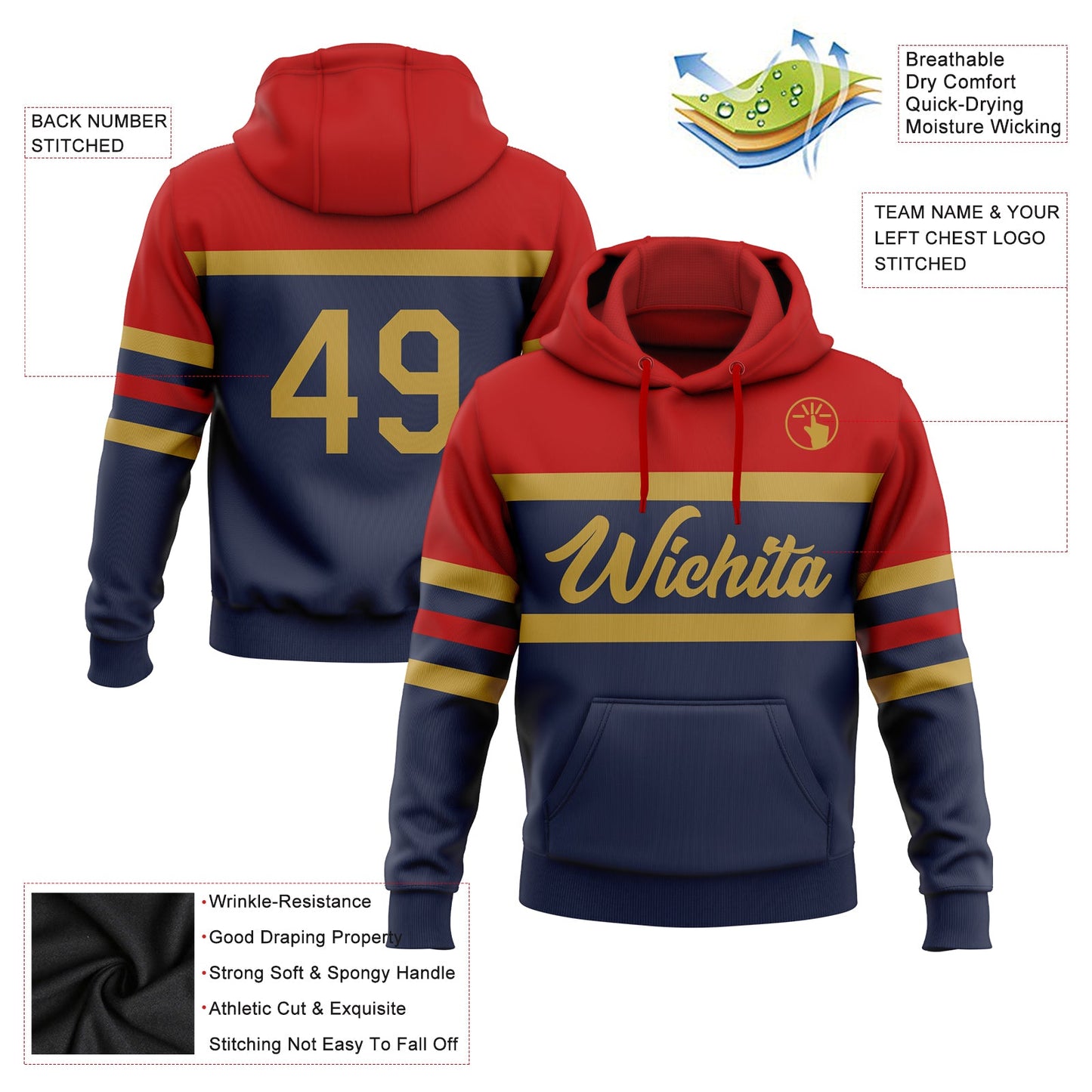 Custom Stitched Navy Old Gold-Red Line Sports Pullover Sweatshirt Hoodie view 2