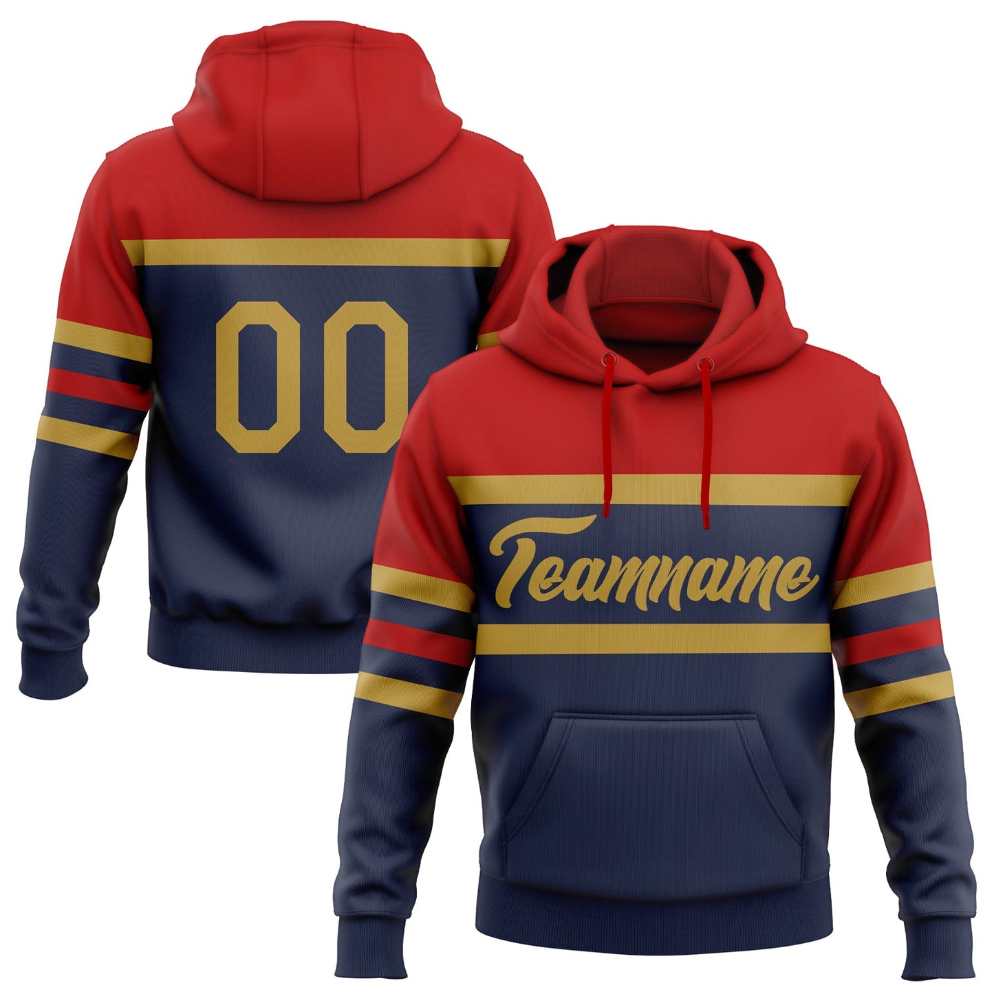 Custom Stitched Navy Old Gold-Red Line Sports Pullover Sweatshirt Hoodie - Main View