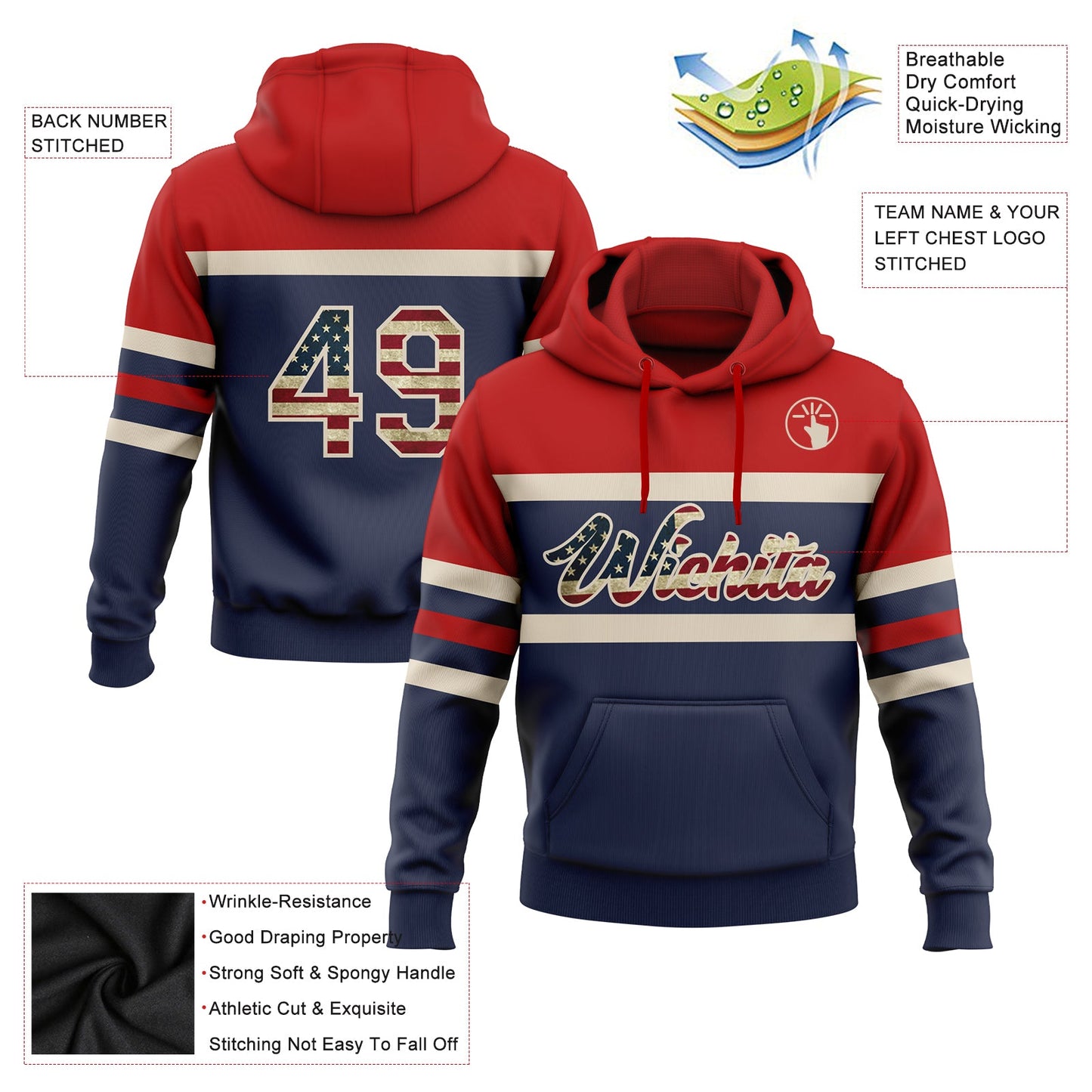 Custom Stitched Navy Vintage USA Flag Cream-Red Line Sports Pullover Sweatshirt Hoodie view 2