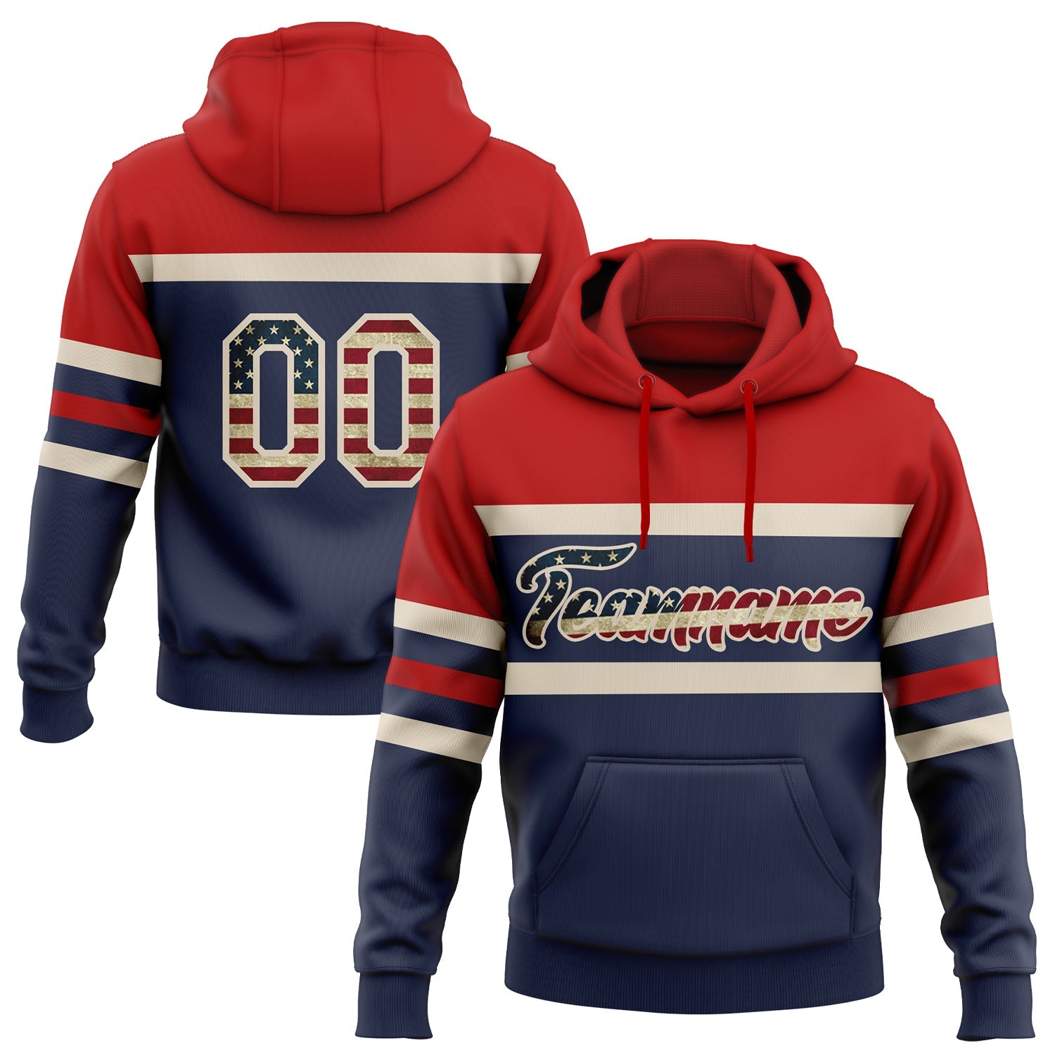 Custom Stitched Navy Vintage USA Flag Cream-Red Line Sports Pullover Sweatshirt Hoodie - Main View