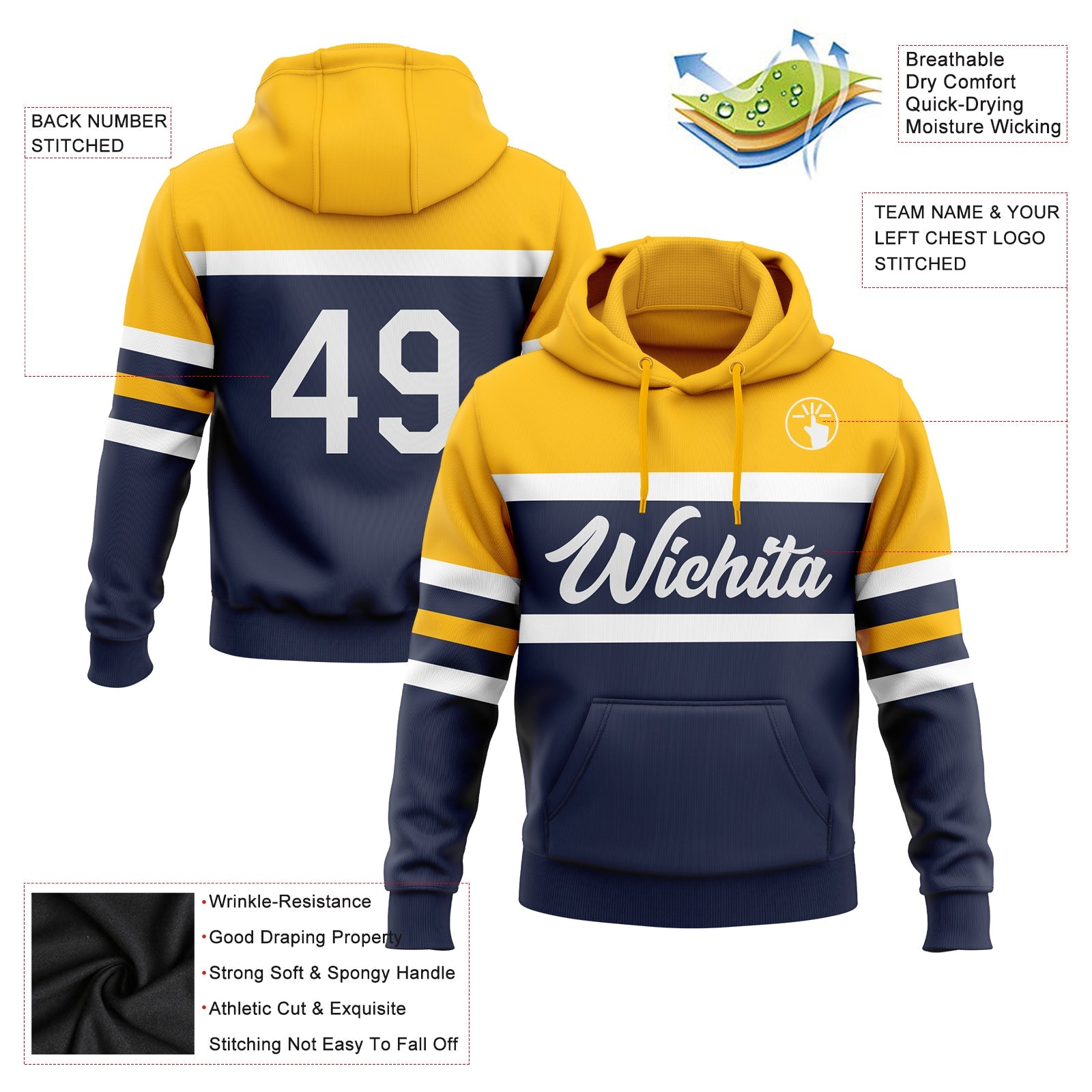 Custom Stitched Navy White-Gold Line Sports Pullover Sweatshirt Hoodie view 2