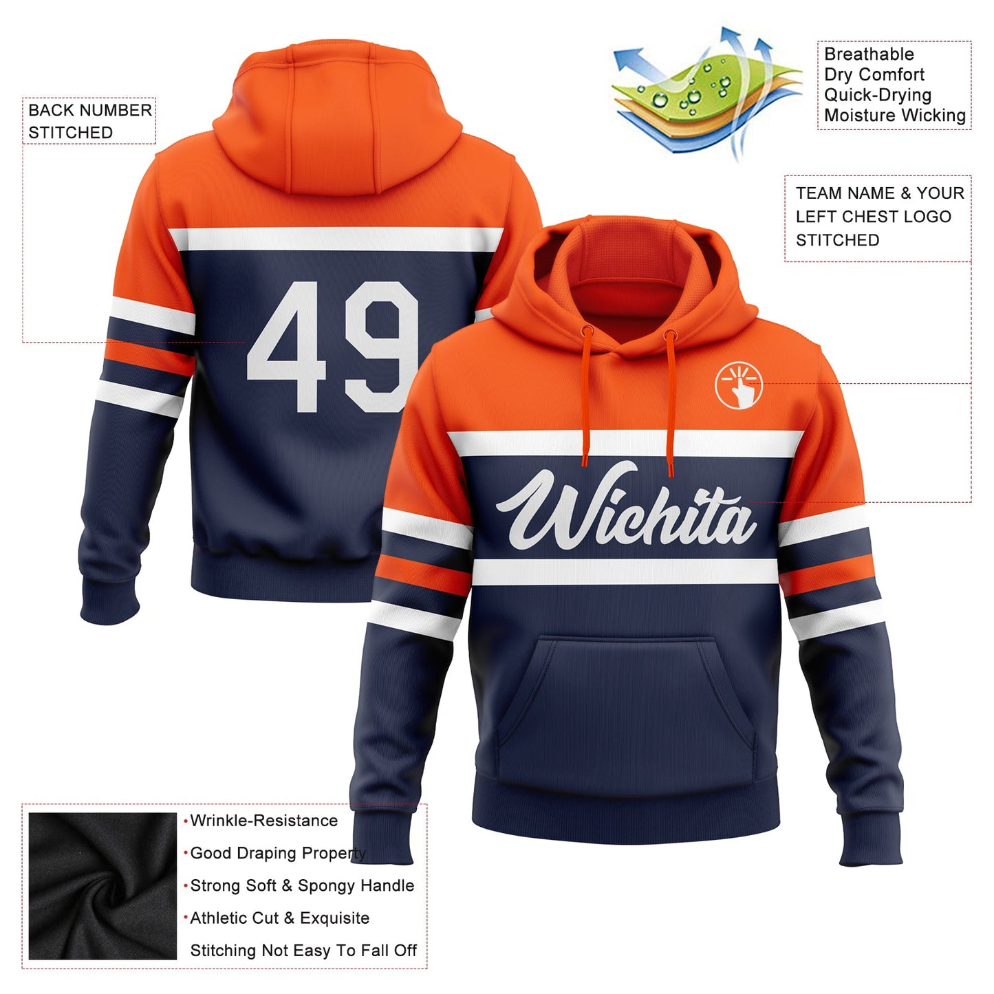 Custom Stitched Navy White-Orange Line Sports Pullover Sweatshirt Hoodie view 2