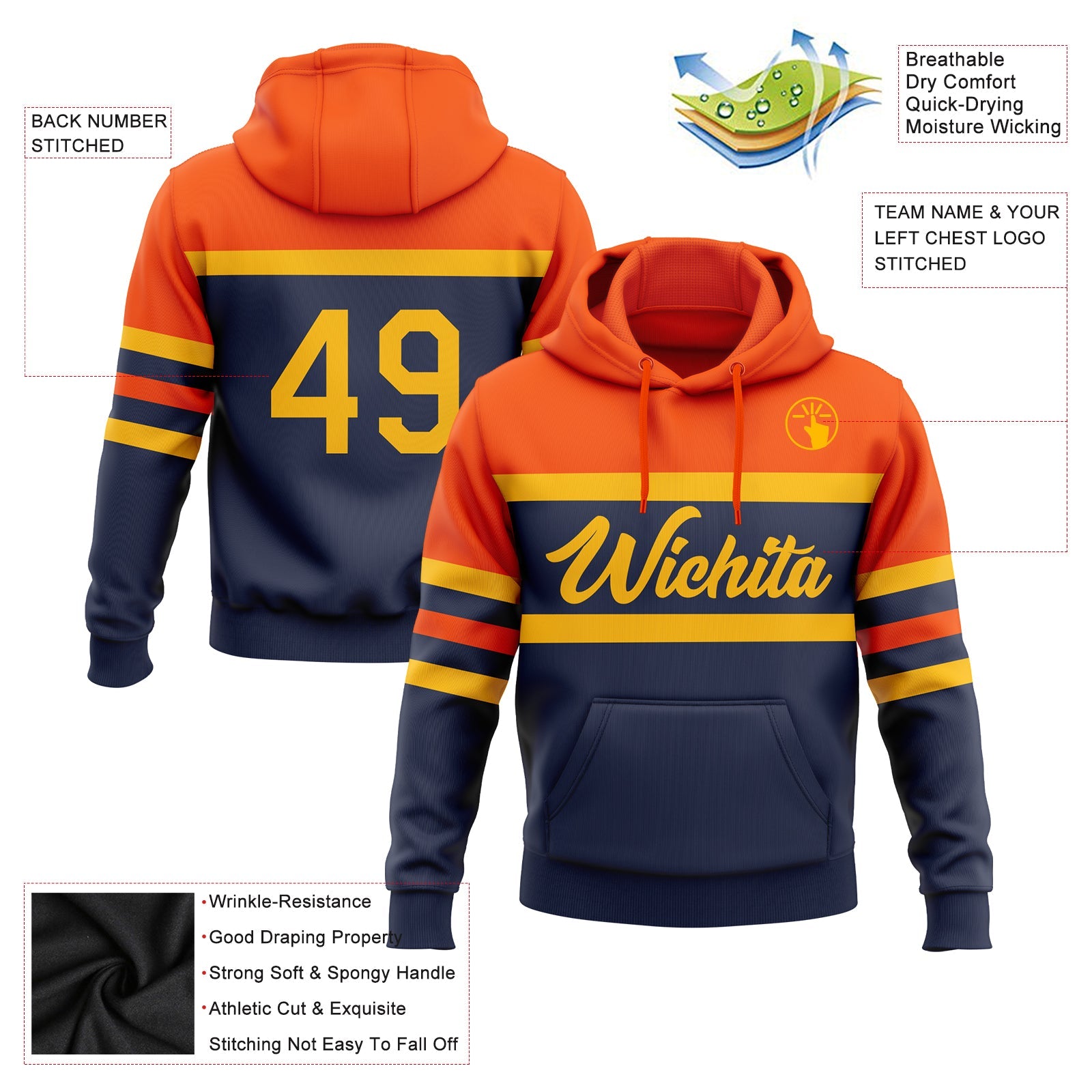 Custom Stitched Navy Gold-Orange Line Sports Pullover Sweatshirt Hoodie view 2
