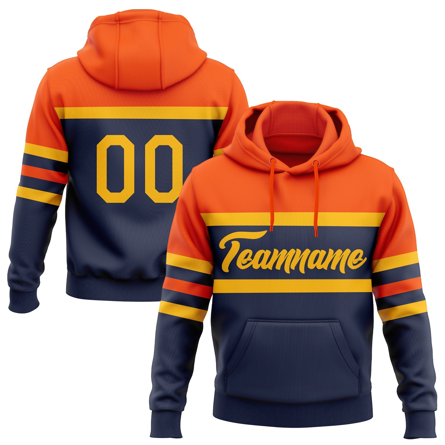 Custom Stitched Navy Gold-Orange Line Sports Pullover Sweatshirt Hoodie - Main View