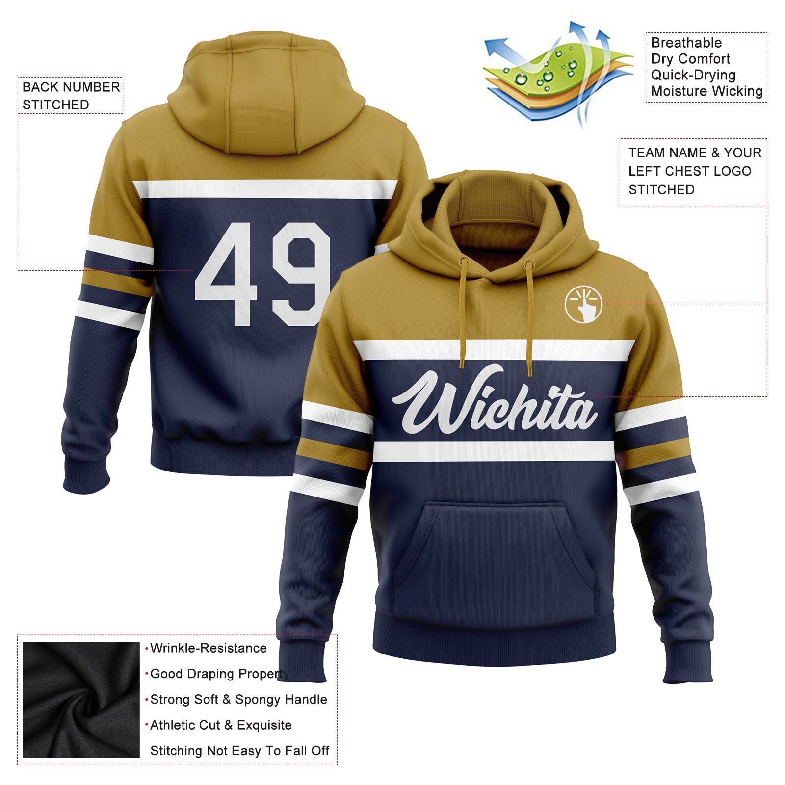 Custom Stitched Navy White-Old Gold Line Sports Pullover Sweatshirt Hoodie view 2