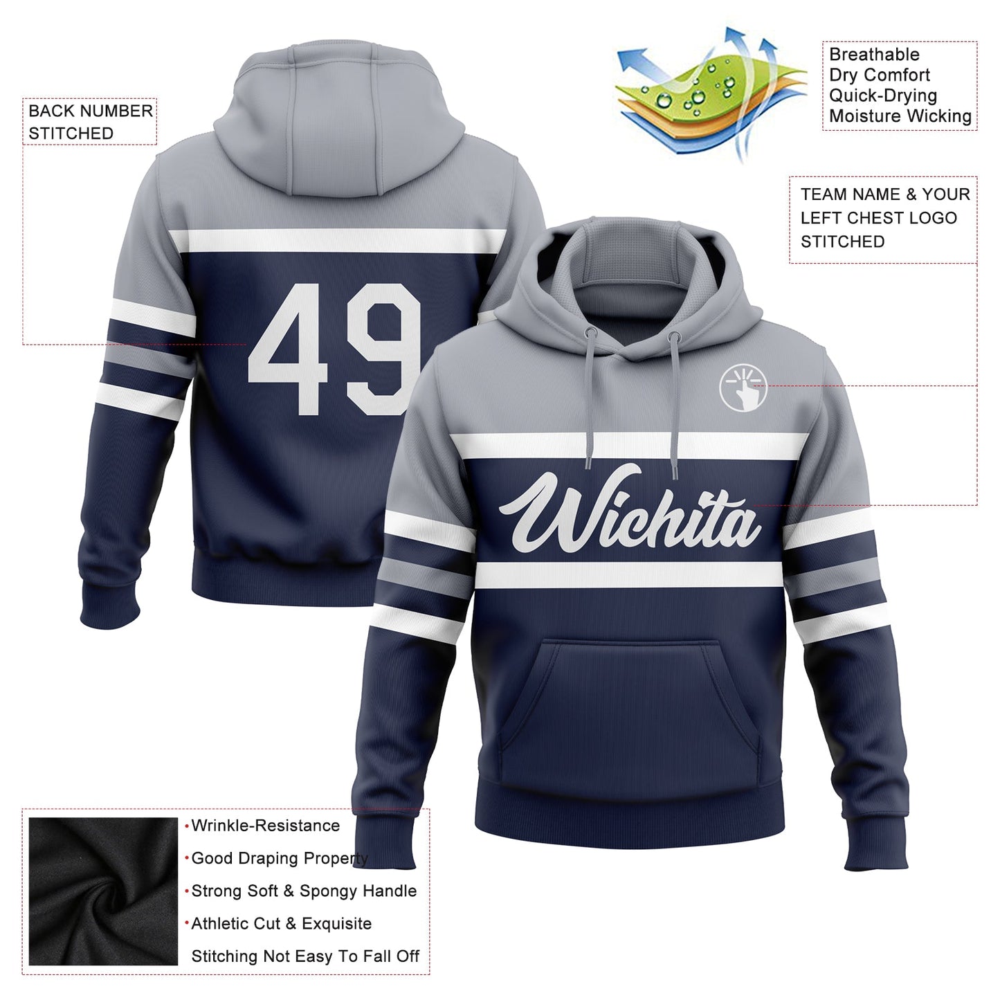 Custom Stitched Navy White-Gray Line Sports Pullover Sweatshirt Hoodie view 2
