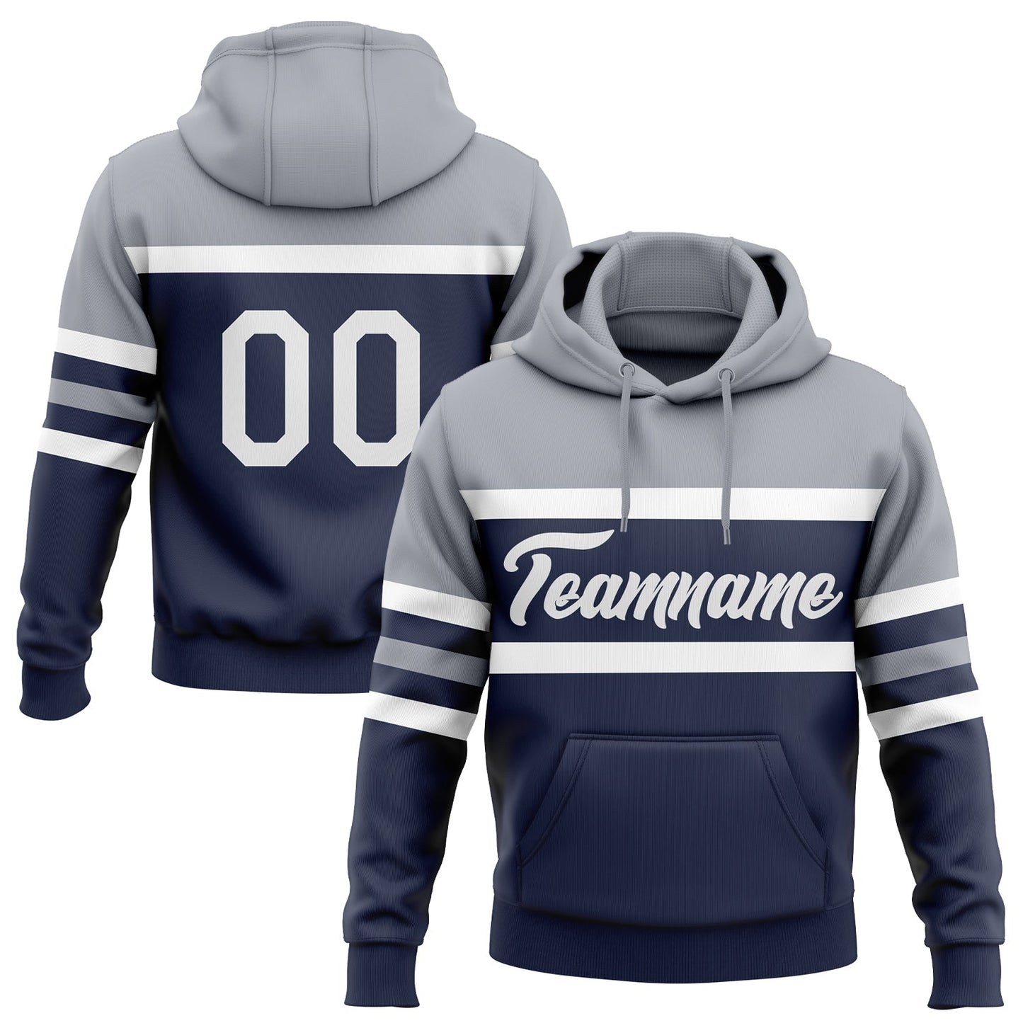 Custom Stitched Navy White-Gray Line Sports Pullover Sweatshirt Hoodie - Main View