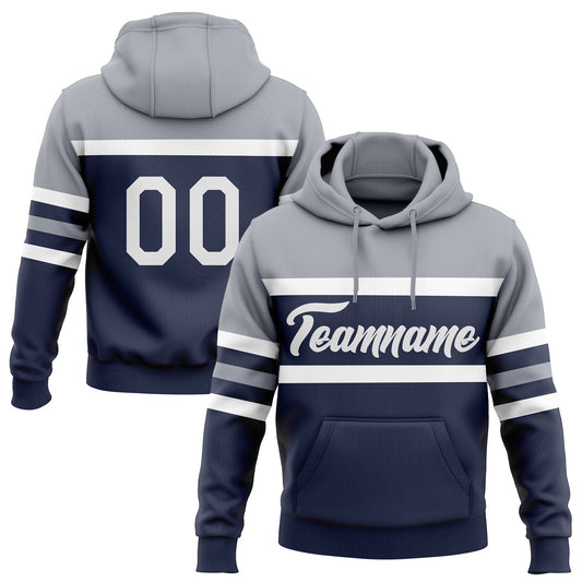 Custom Stitched Navy White-Gray Line Sports Pullover Sweatshirt Hoodie - Main View