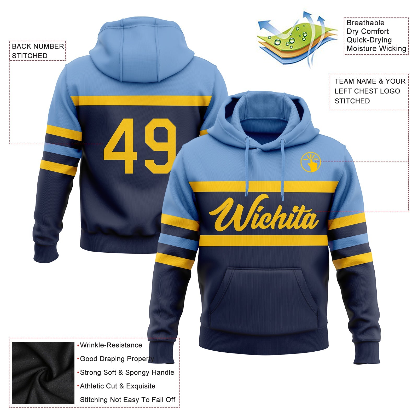 Custom Stitched Navy Yellow-Light Blue Line Sports Pullover Sweatshirt Hoodie view 2